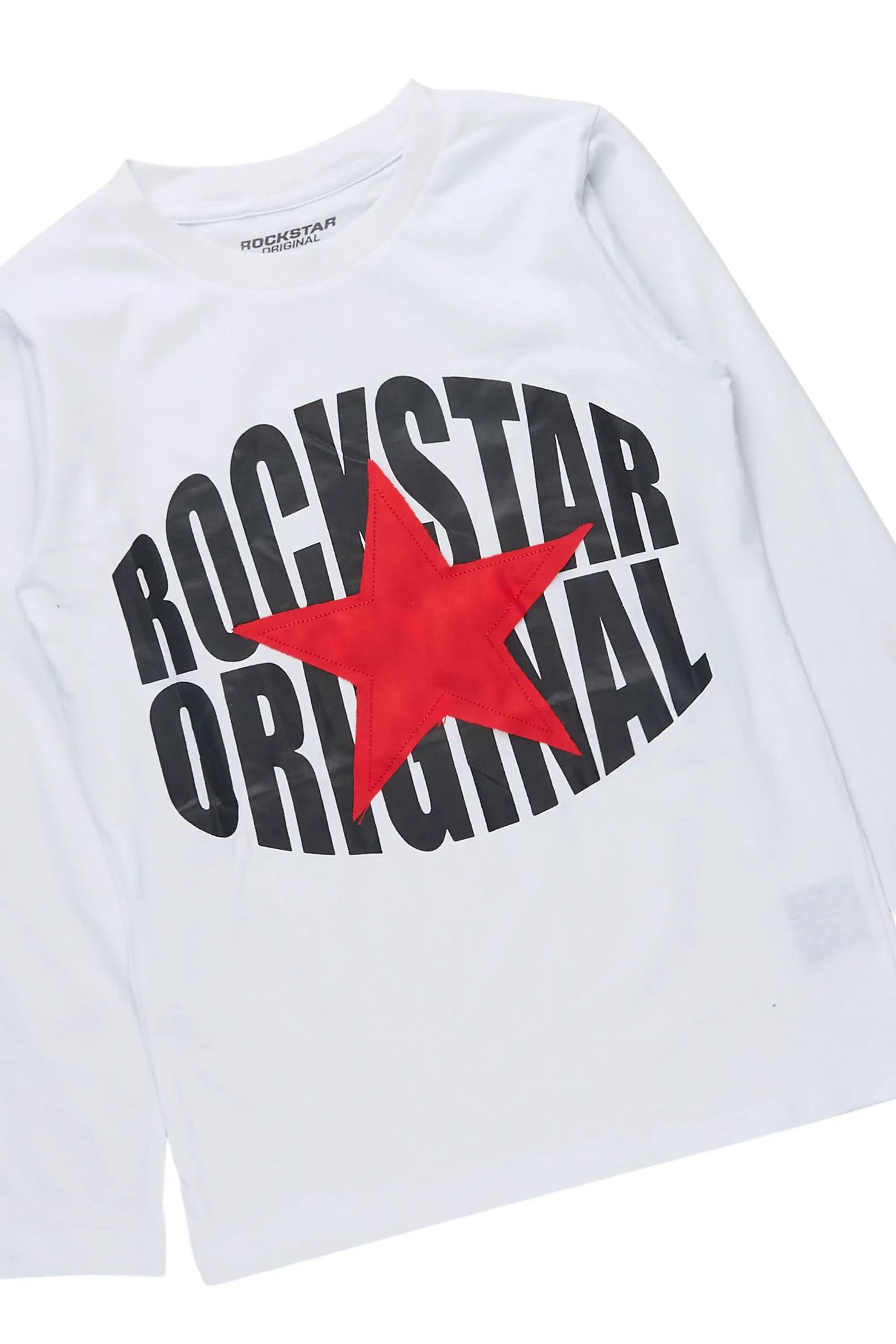 Boys Ezra White Long Sleeve T-Shirt & Shake Black Stacked Jean Set