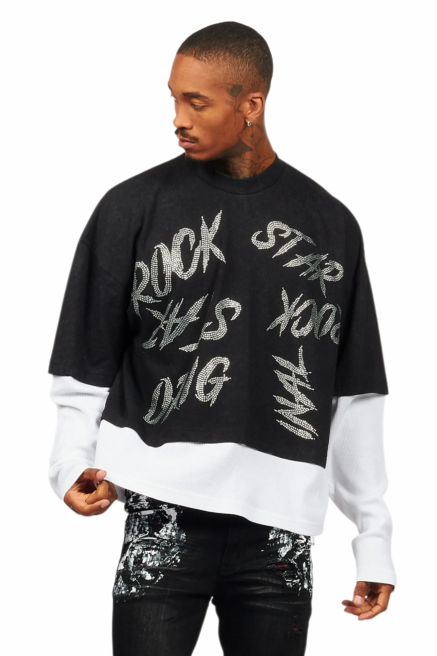 Bence Vintage Black Thermal Double Layer Boxy Crop T-Shirt