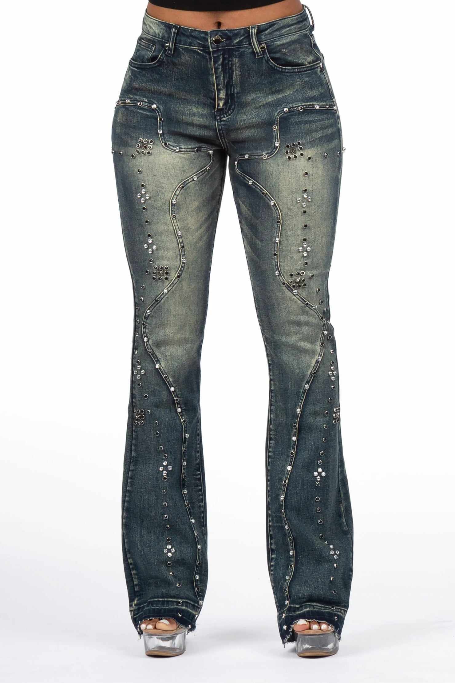 Inesia Tinted Wash Studded Stacked Flare Jean