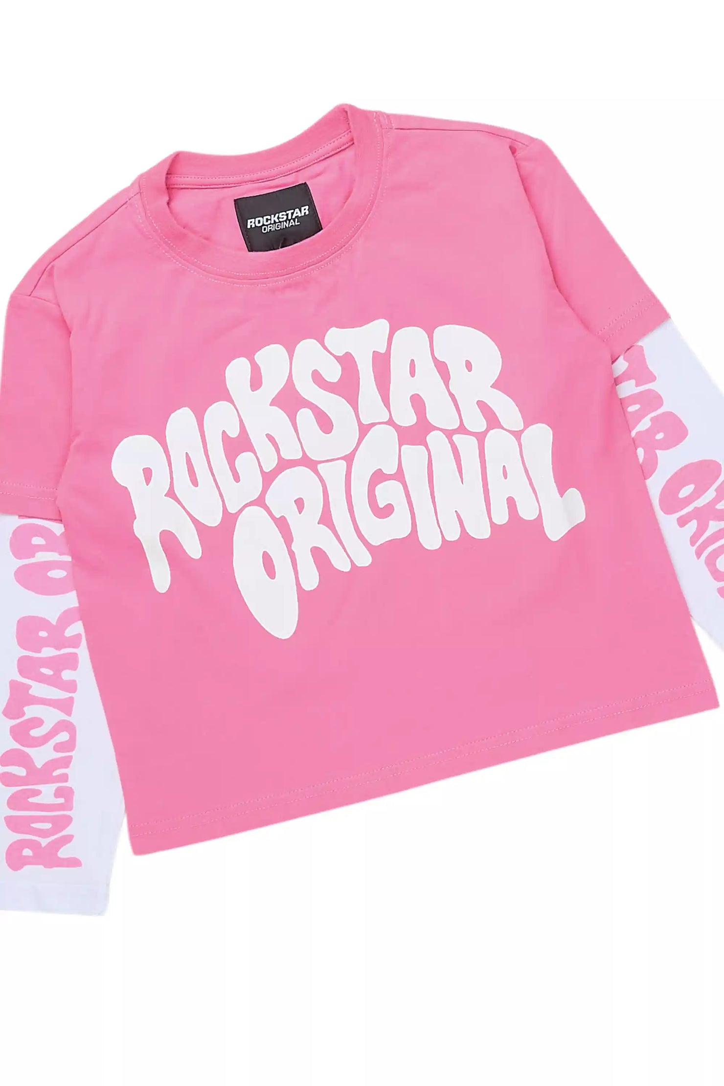 Girls Monique Pink Double Layer T-Shirt Stacked Flare Track Pant Set