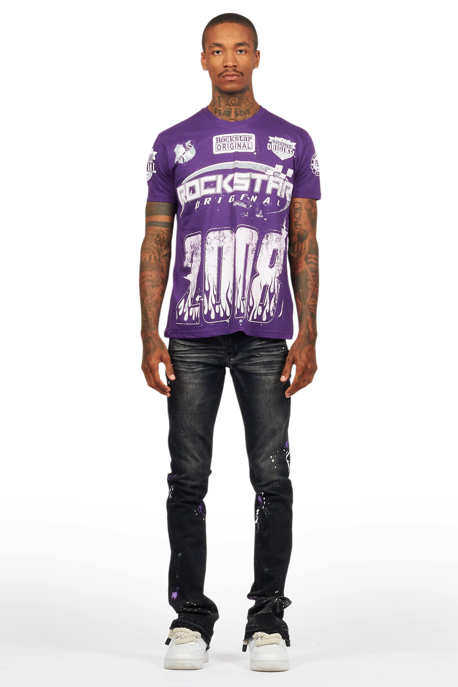 Amos Purple Graphic T-Shirt & Dag Dark Grey Jean Bundle