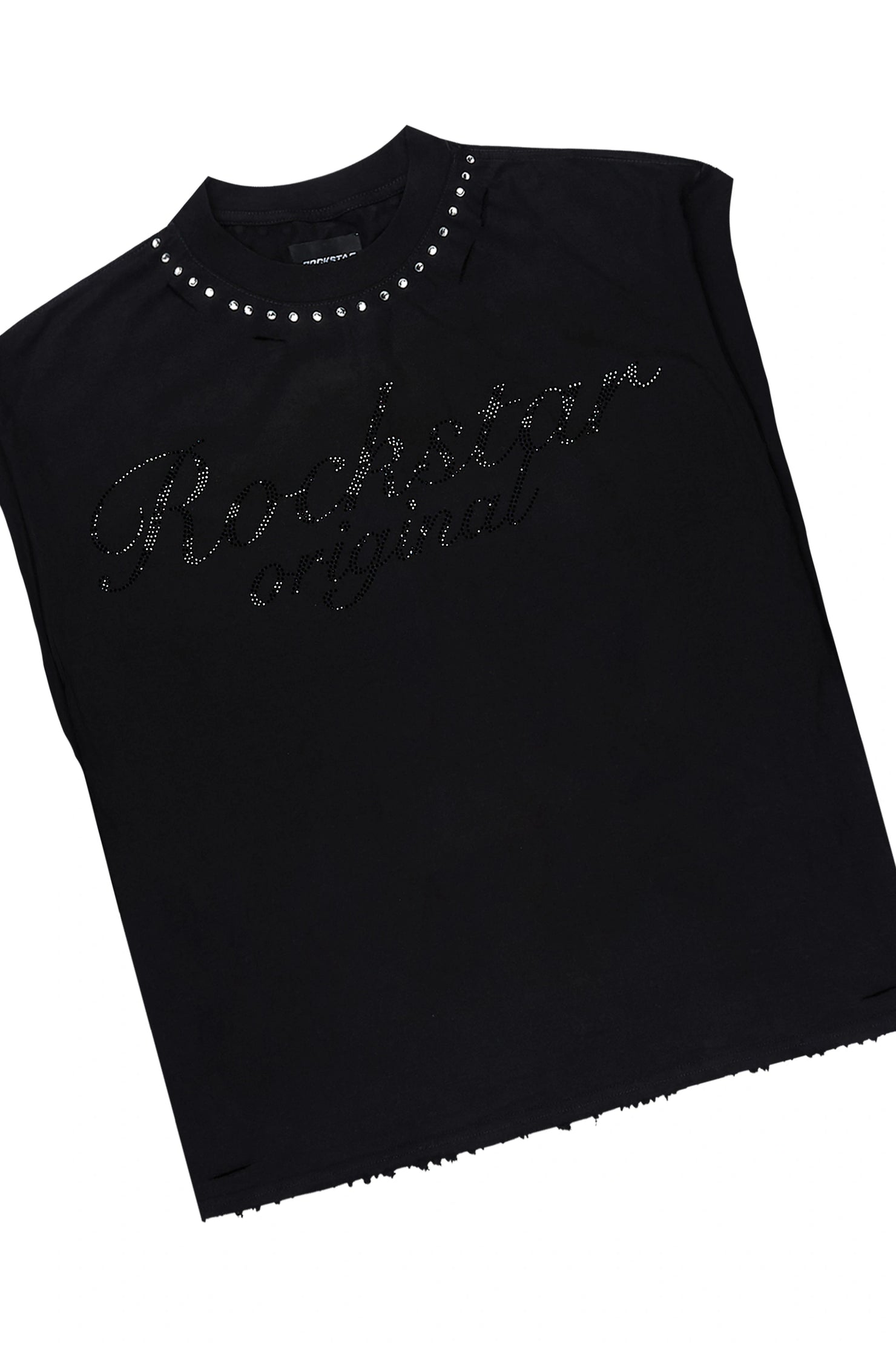 Tryst Black Rhinestone Cut Sleeve T-Shirt Denim Short Set