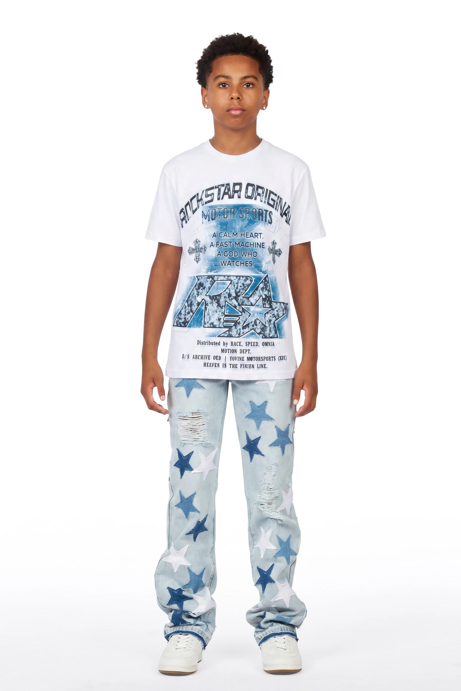 Boys Byson White/Blue T-Shirt Patchwork Jean Set