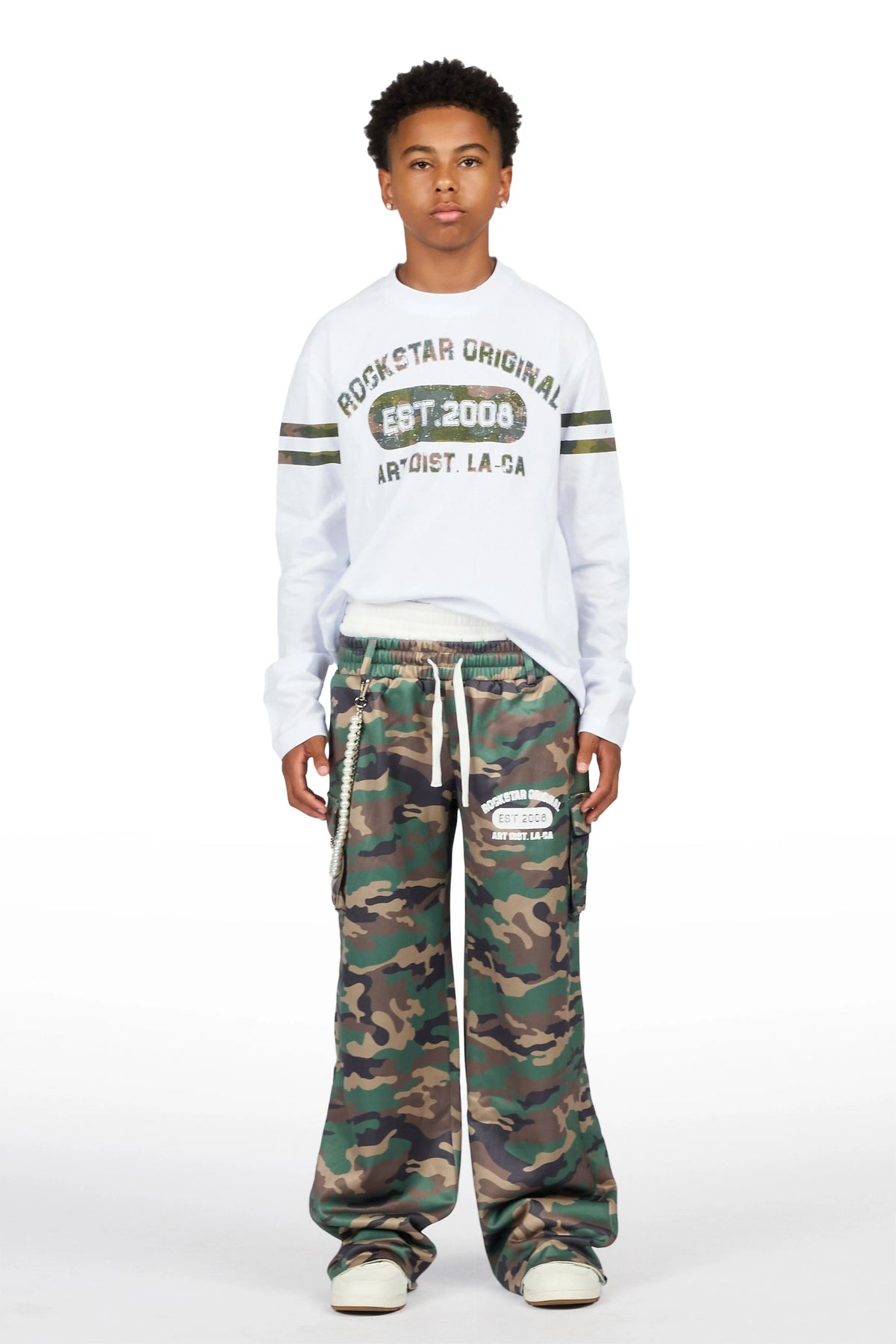 Boys Alexander White/Camo Long Sleeve Shirt Double Waisted  Super Baggy Track Set