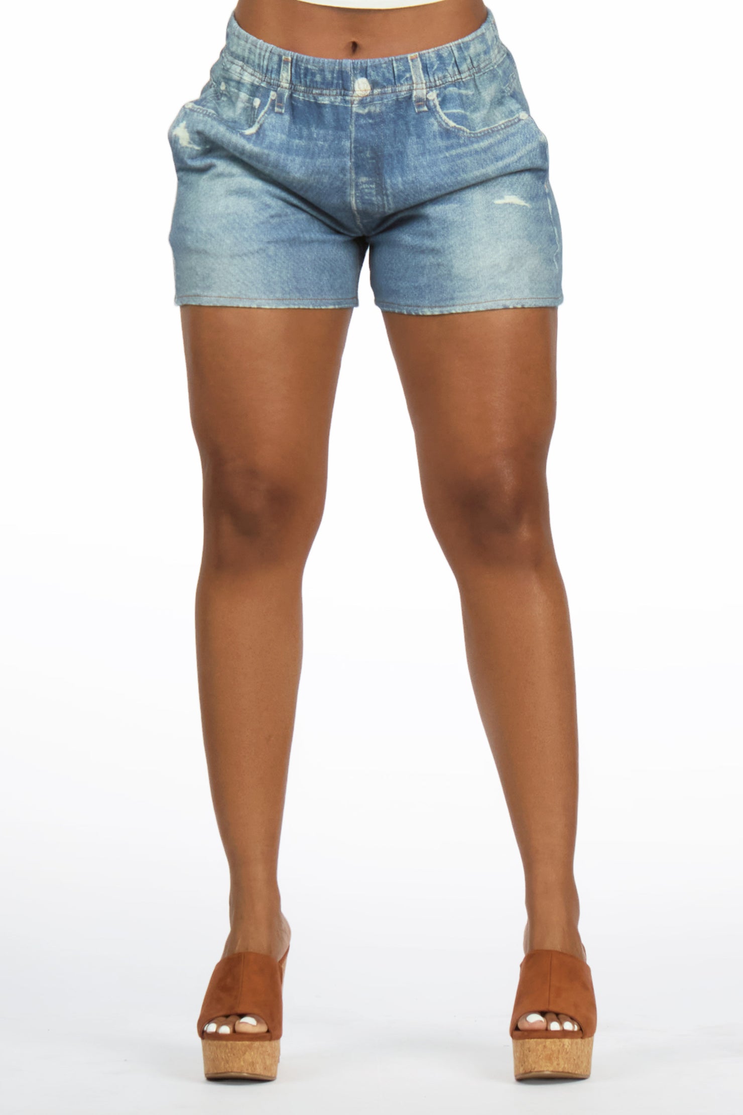 Ishara Med. Wash Denim Print Stretch Terry Sweatpant Short