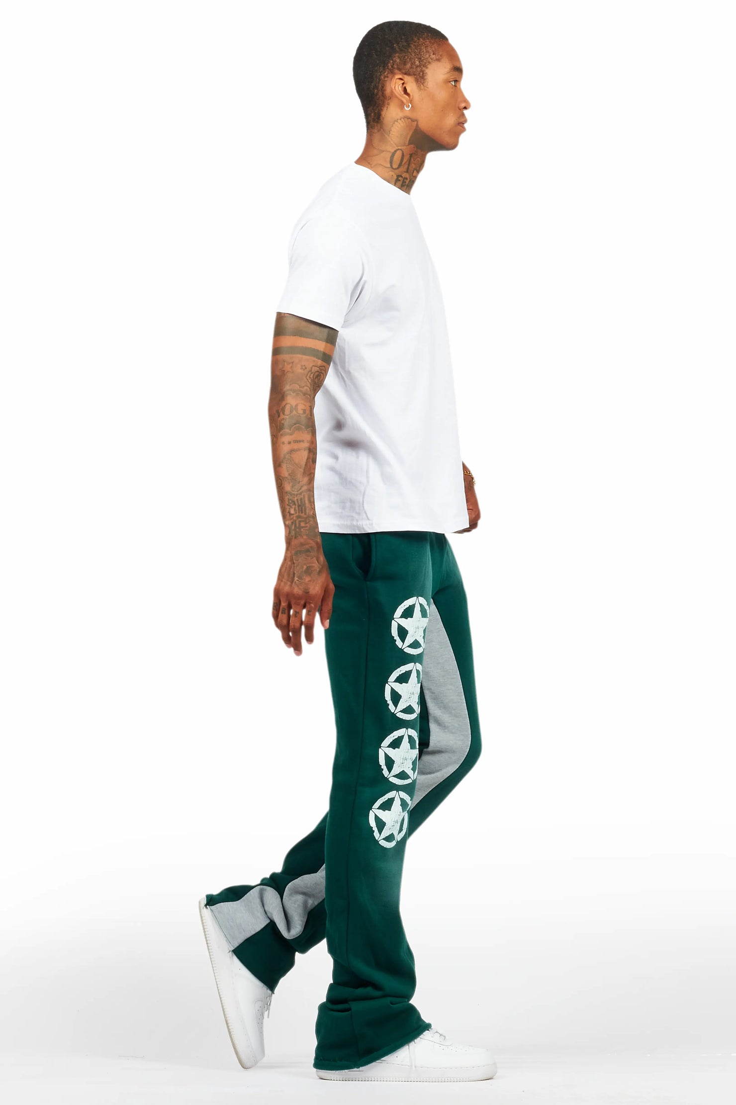 Wizzurd White/Green T-Shirt/Stacked Baggy Track Pant Set