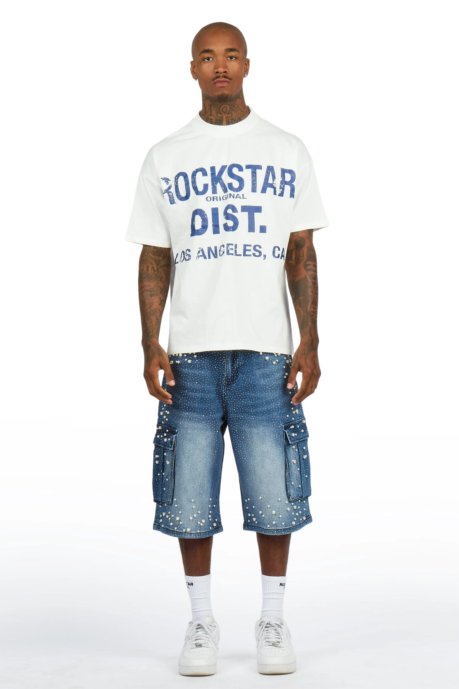 Sevyn White/Blue Rhinestone T-Shirt Denim Jort Set