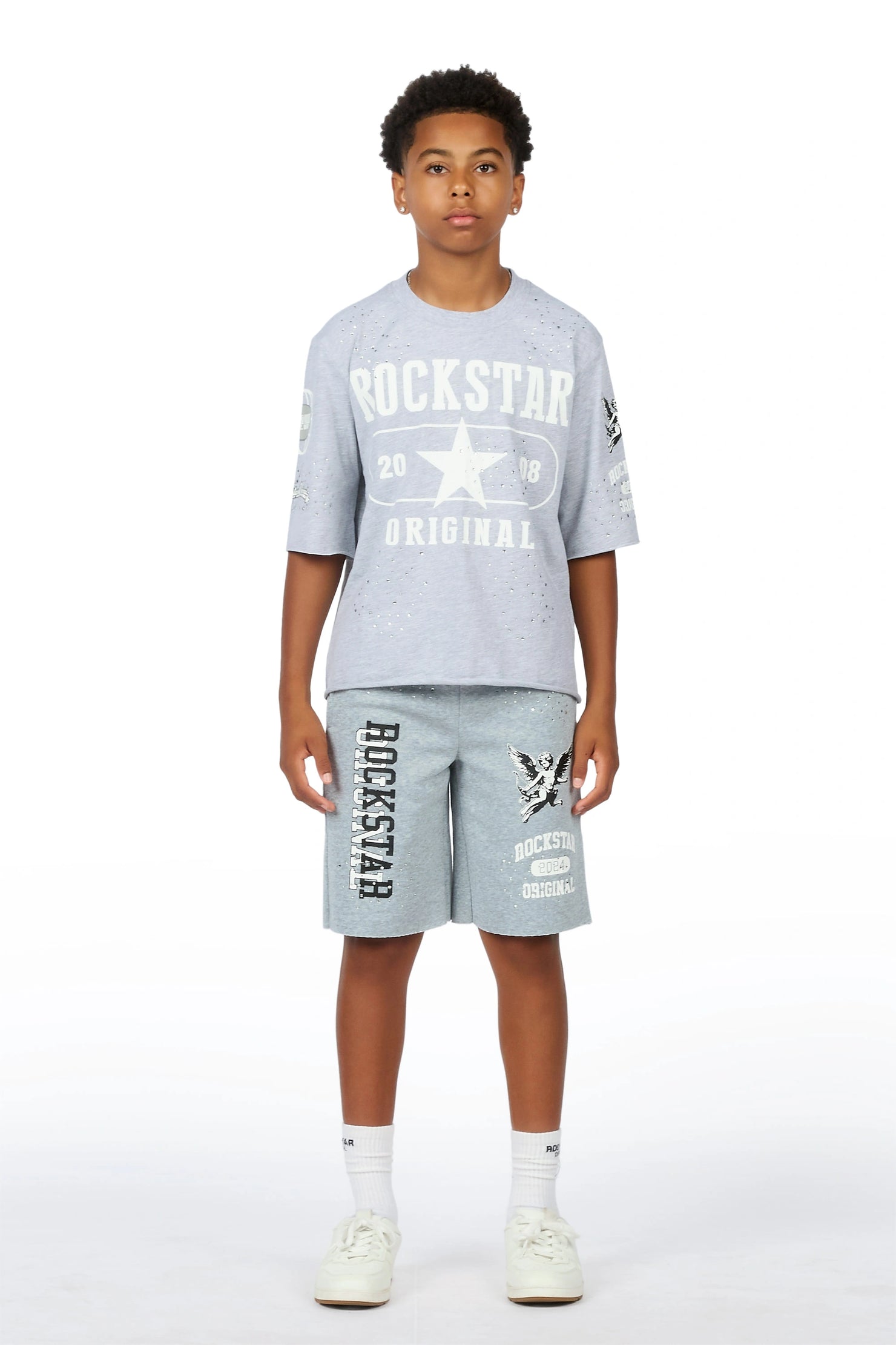 Boys Gutta Grey Rhinestone Boxy T-Shirt/Short Set