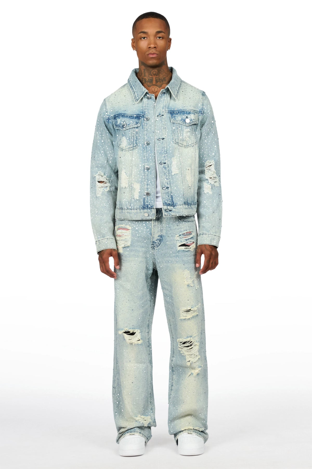 Discolite Tint Blue Rhinestone Denim Jacket/Baggy Jean Set