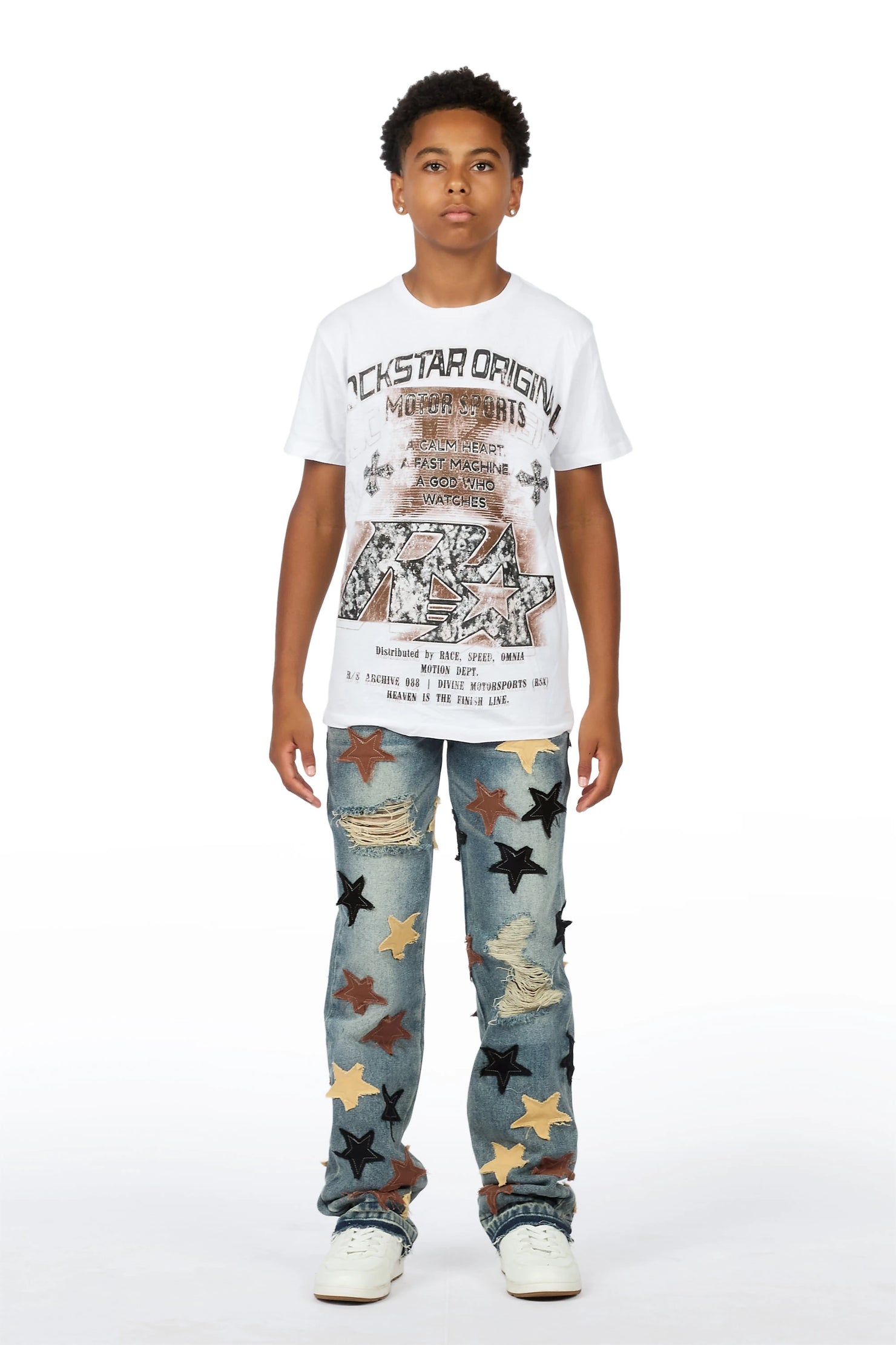 Boys Byson White/Brown T-Shirt Patchwork Jean Set