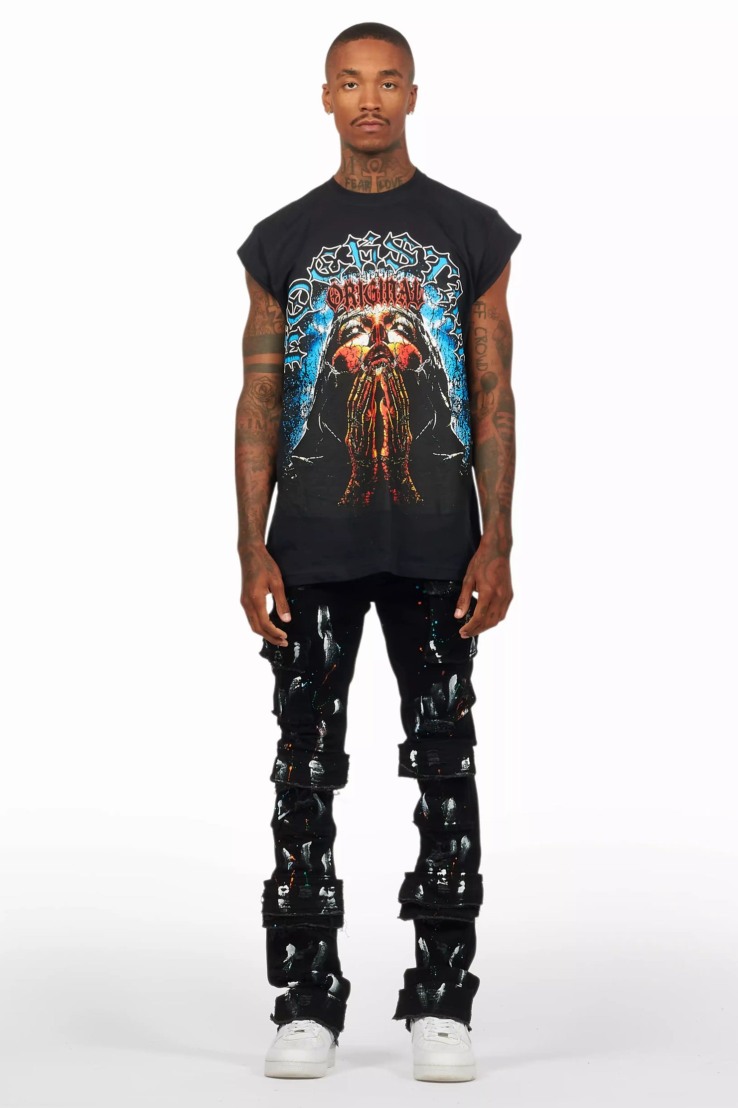 Orien Jet Black Painter Stacked Flare Jean