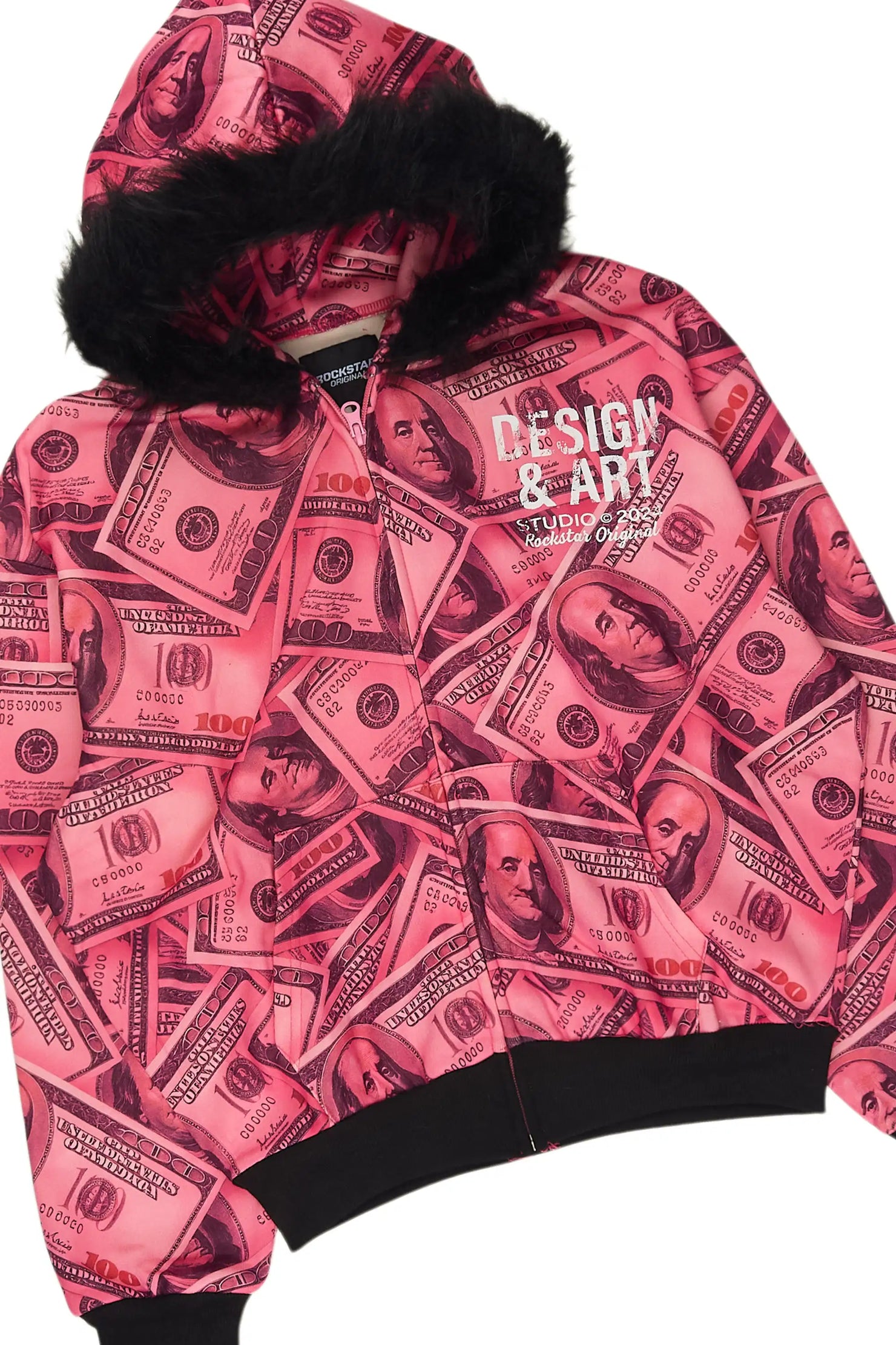 Girls Sidney Pink Zip Up Short Set With Fur Hood