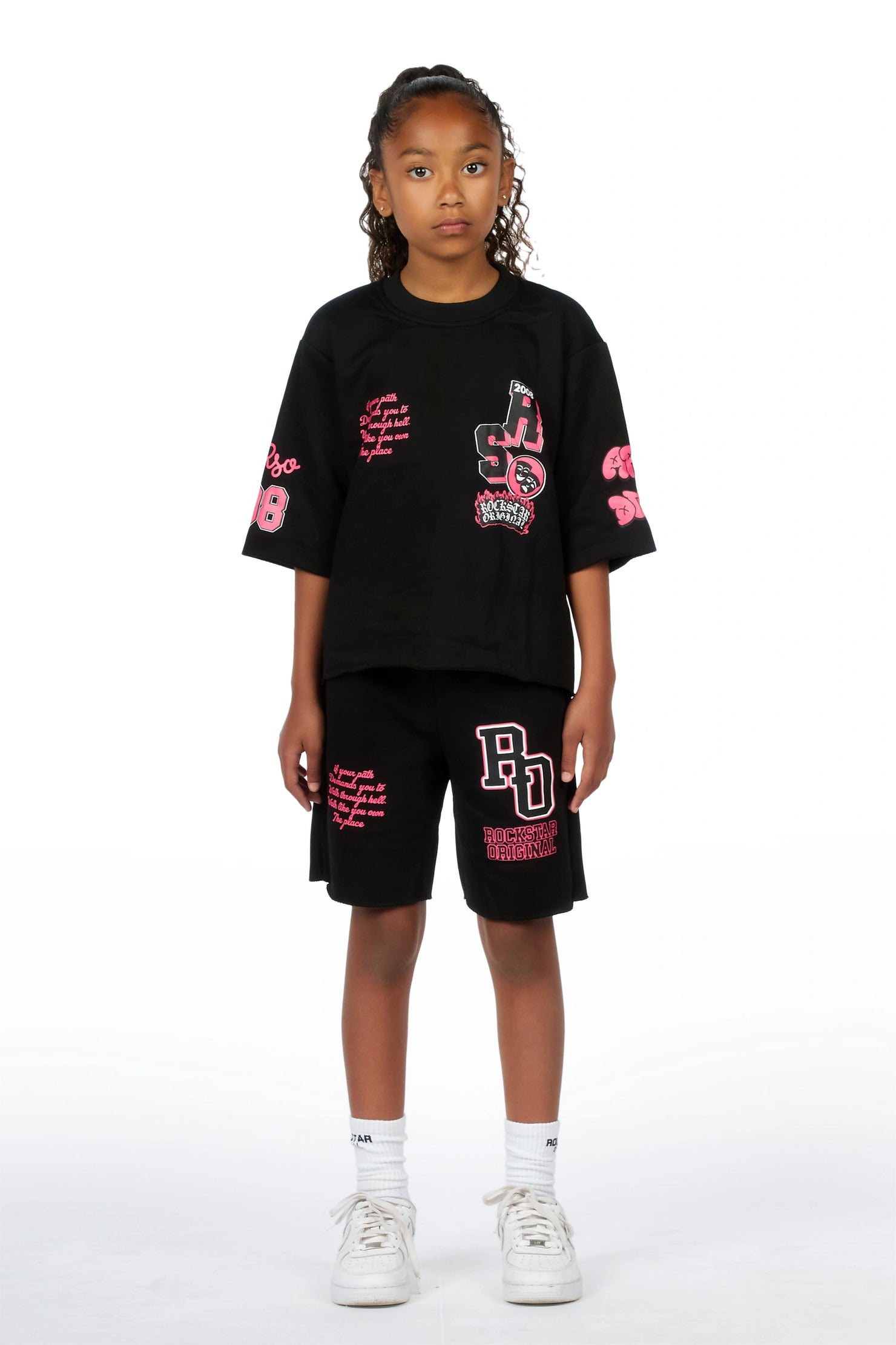 Girls Leslee Black/Pink Boxy T-Shirt Short Set