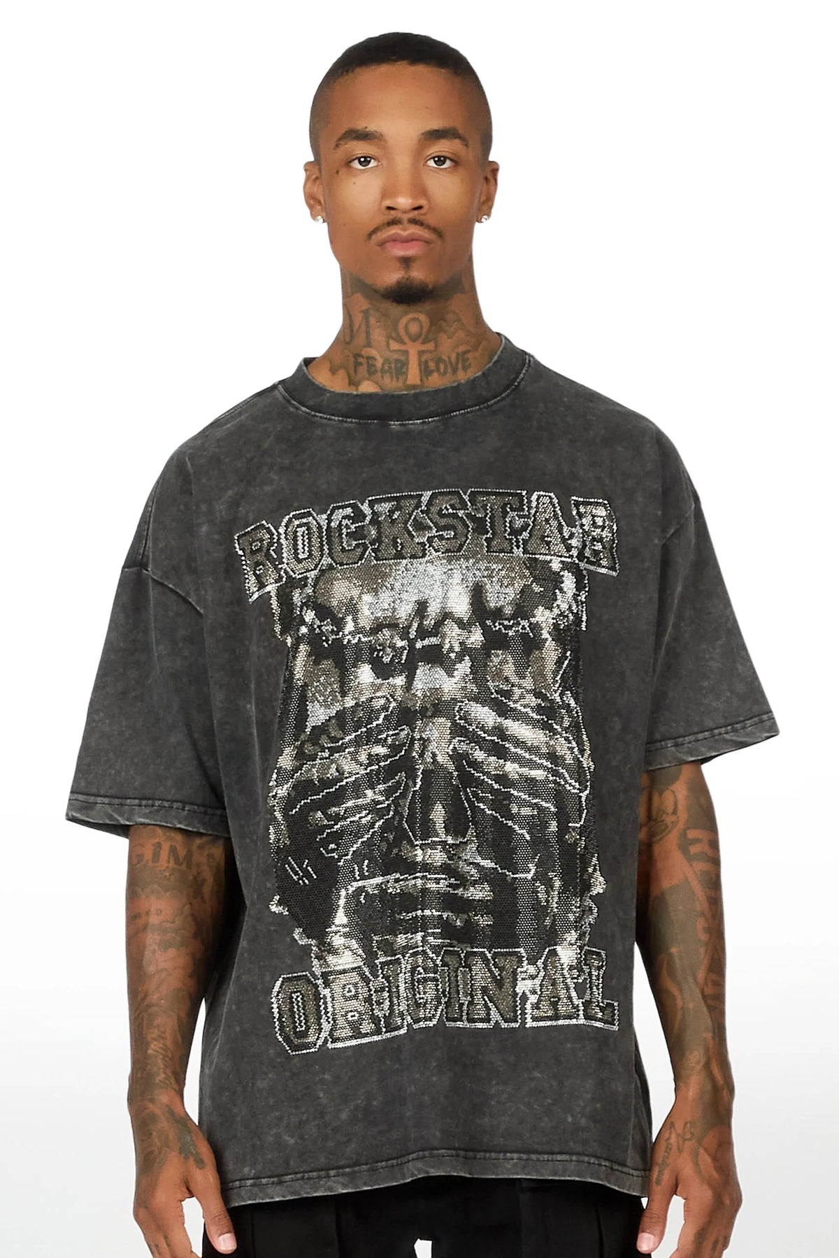 Move In Silence Black Rhinestone Oversized Graphic T-Shirt