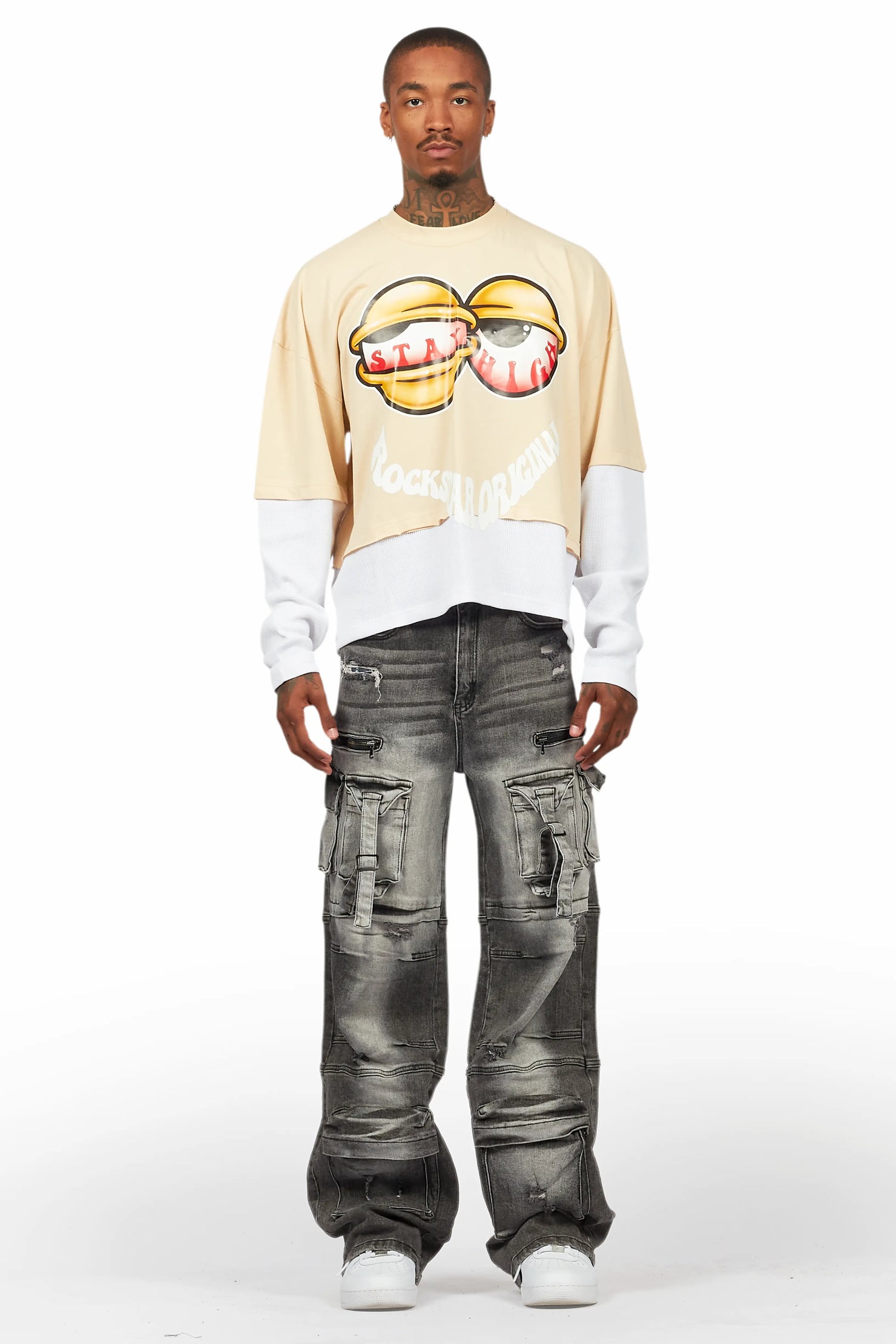 Highya Vintage Sand Thermal Double Layer Boxy Crop T-Shirt