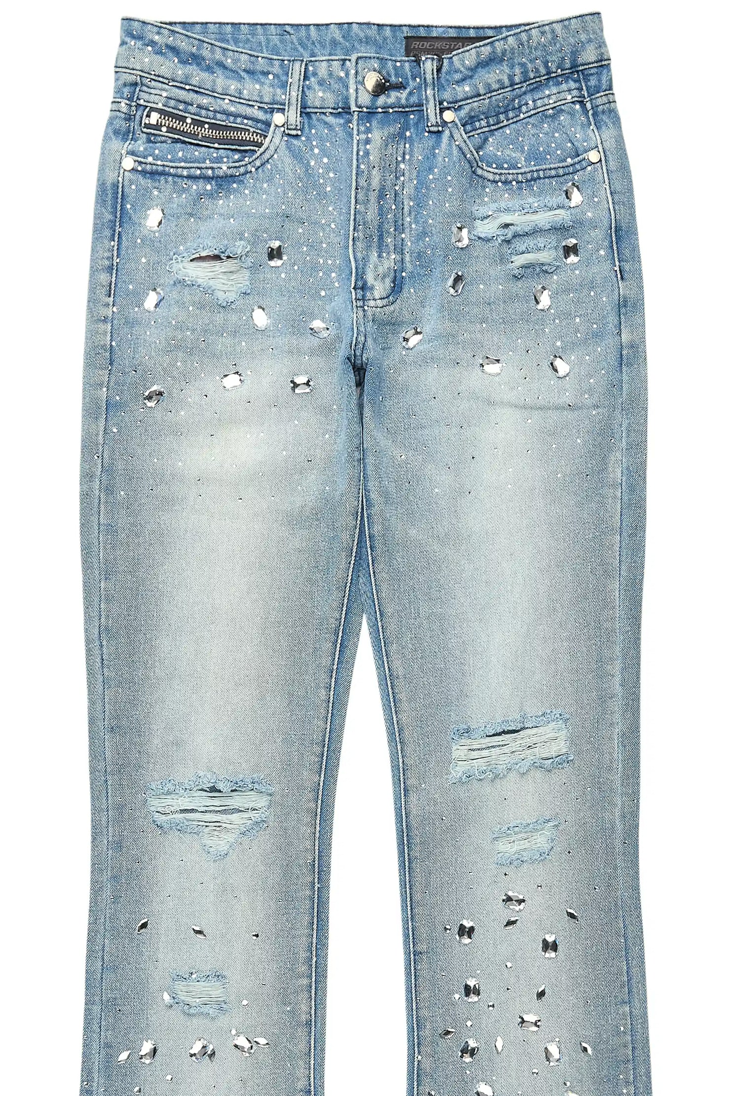 Glanz Light Blue Rhinestone Stacked Flare Jean