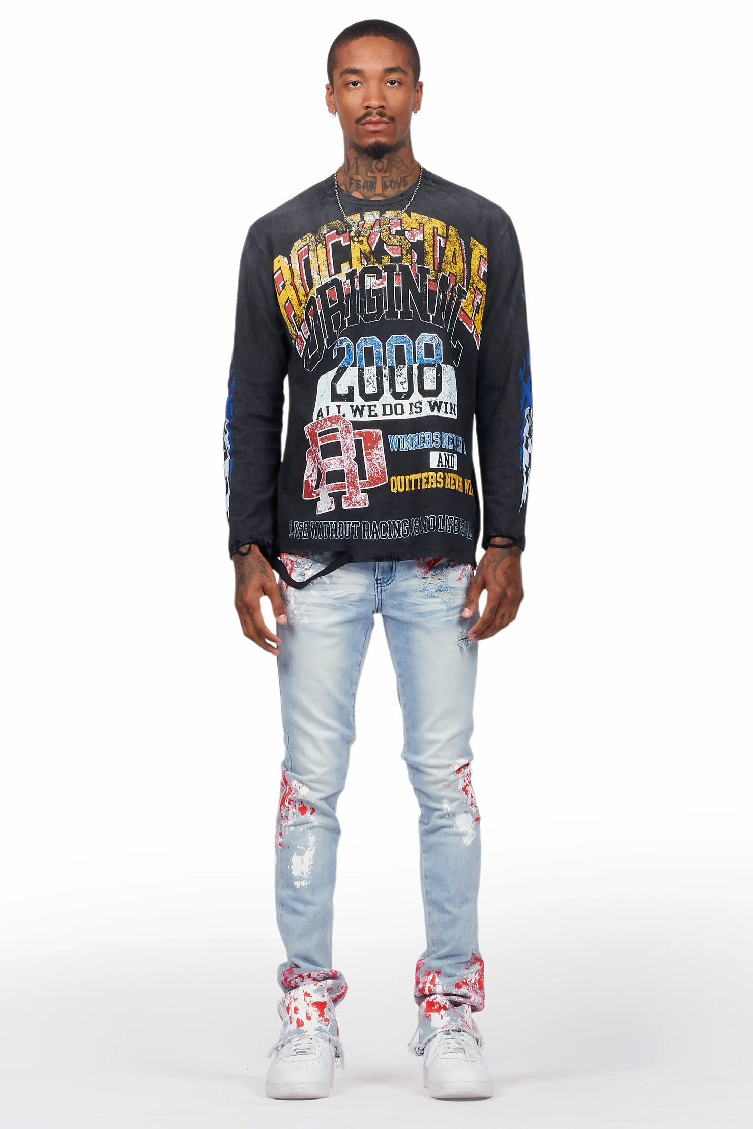 Kodak Blue/Red Painter Stacked Flare Jean
