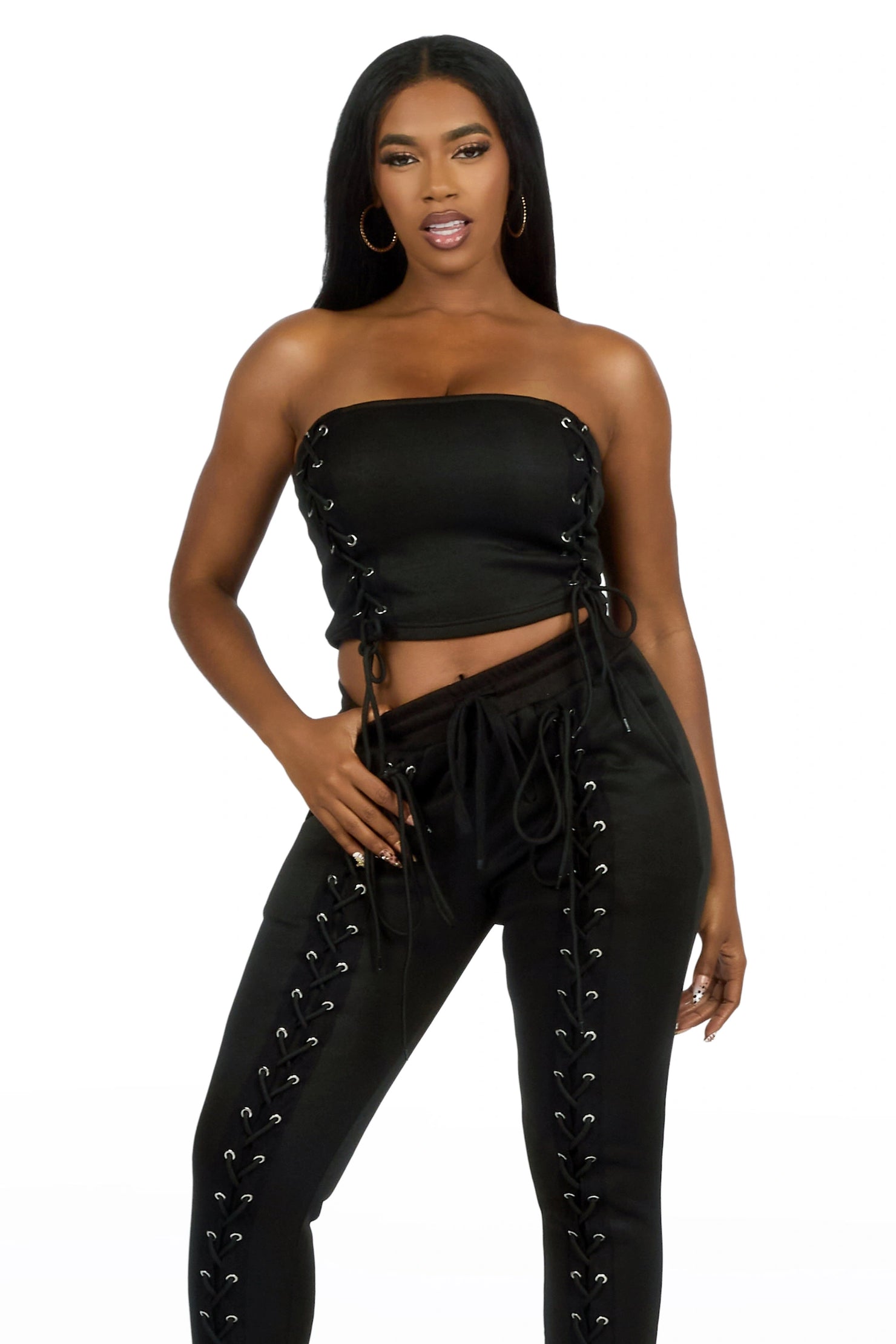 KaeMyna Black Lace Up Tube Stacked Track Set