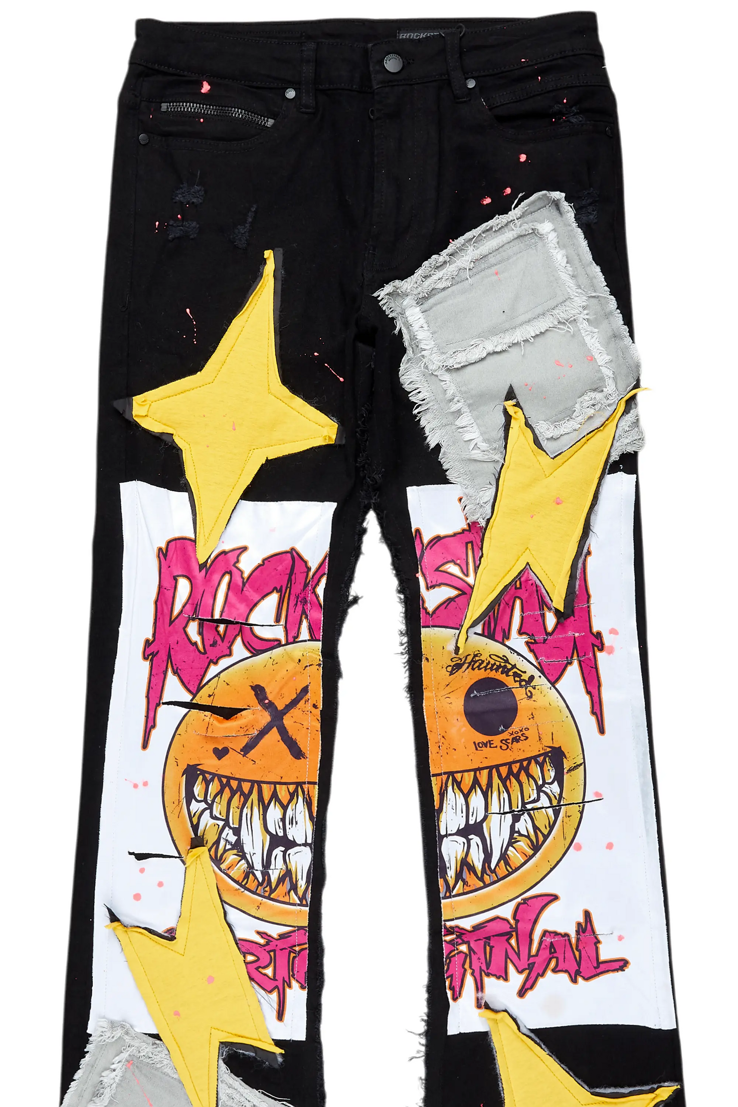 Fraust Jet Black Patchwork Stacked Flare Jean