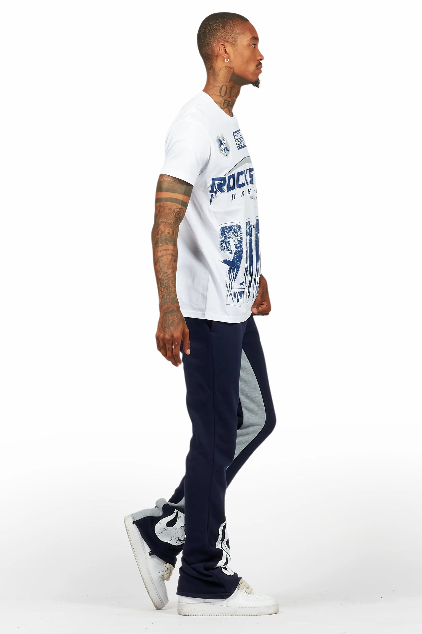 Amos White/Navy T-Shirt/Stacked Baggy Track Pant Set