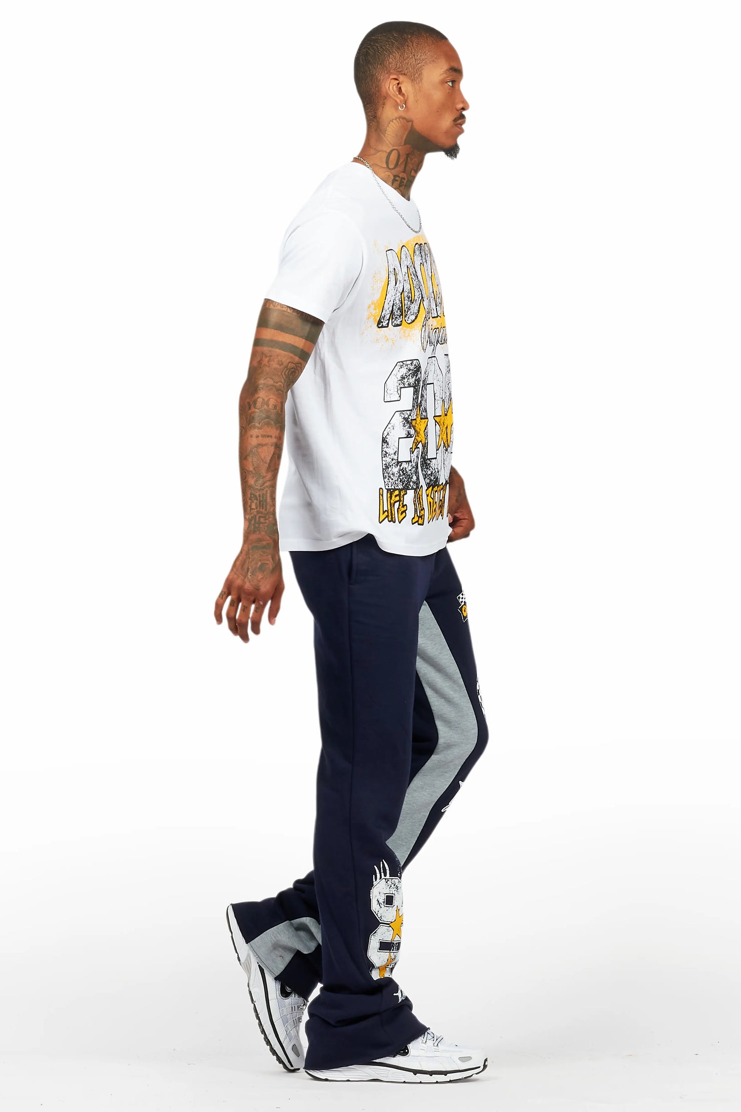Racing Grung White/Navy T-Shirt/Stacked Baggy Track Pant Set