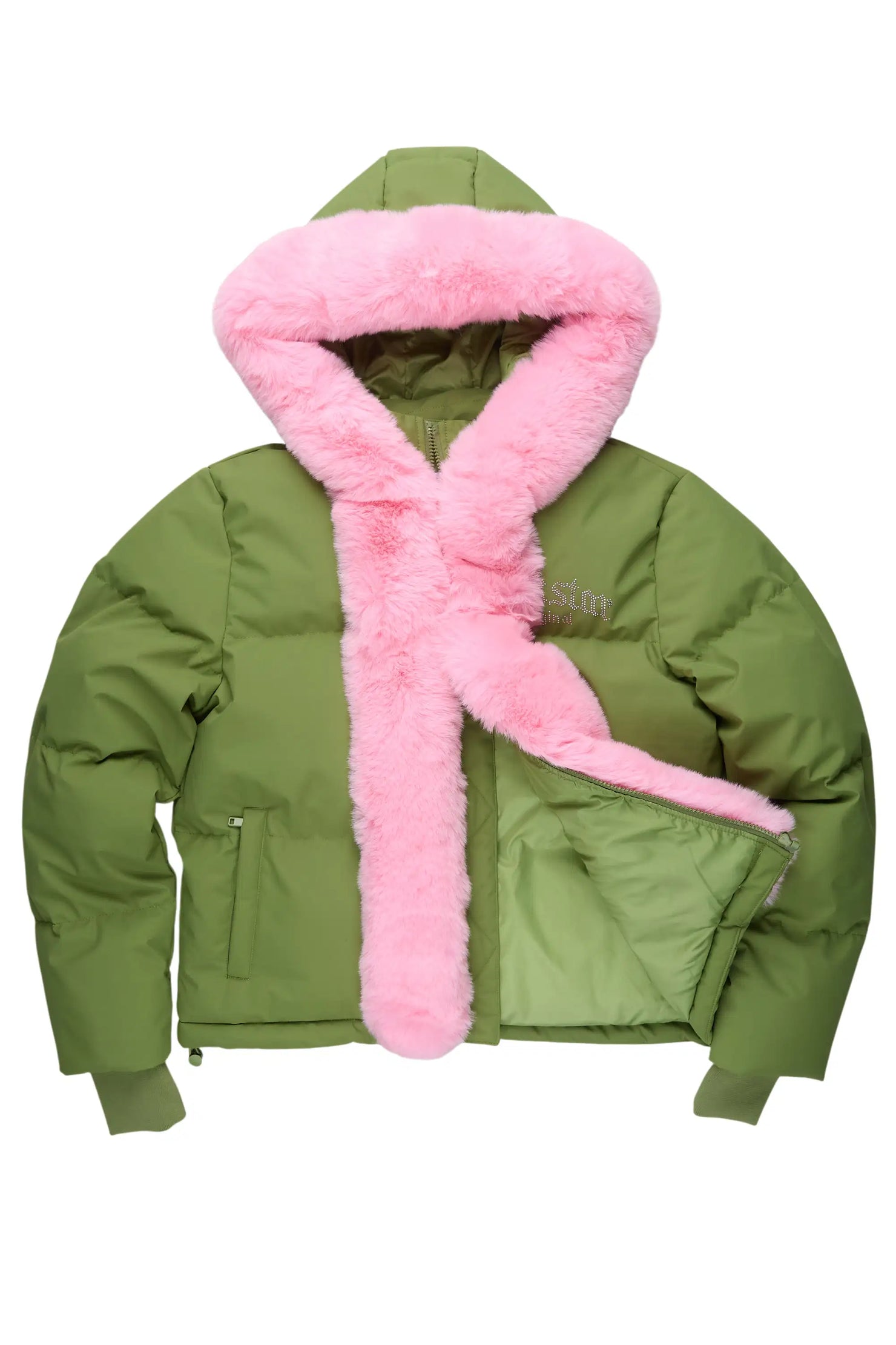 Dontaisha Olive Puffer Jacket With Fur Trim