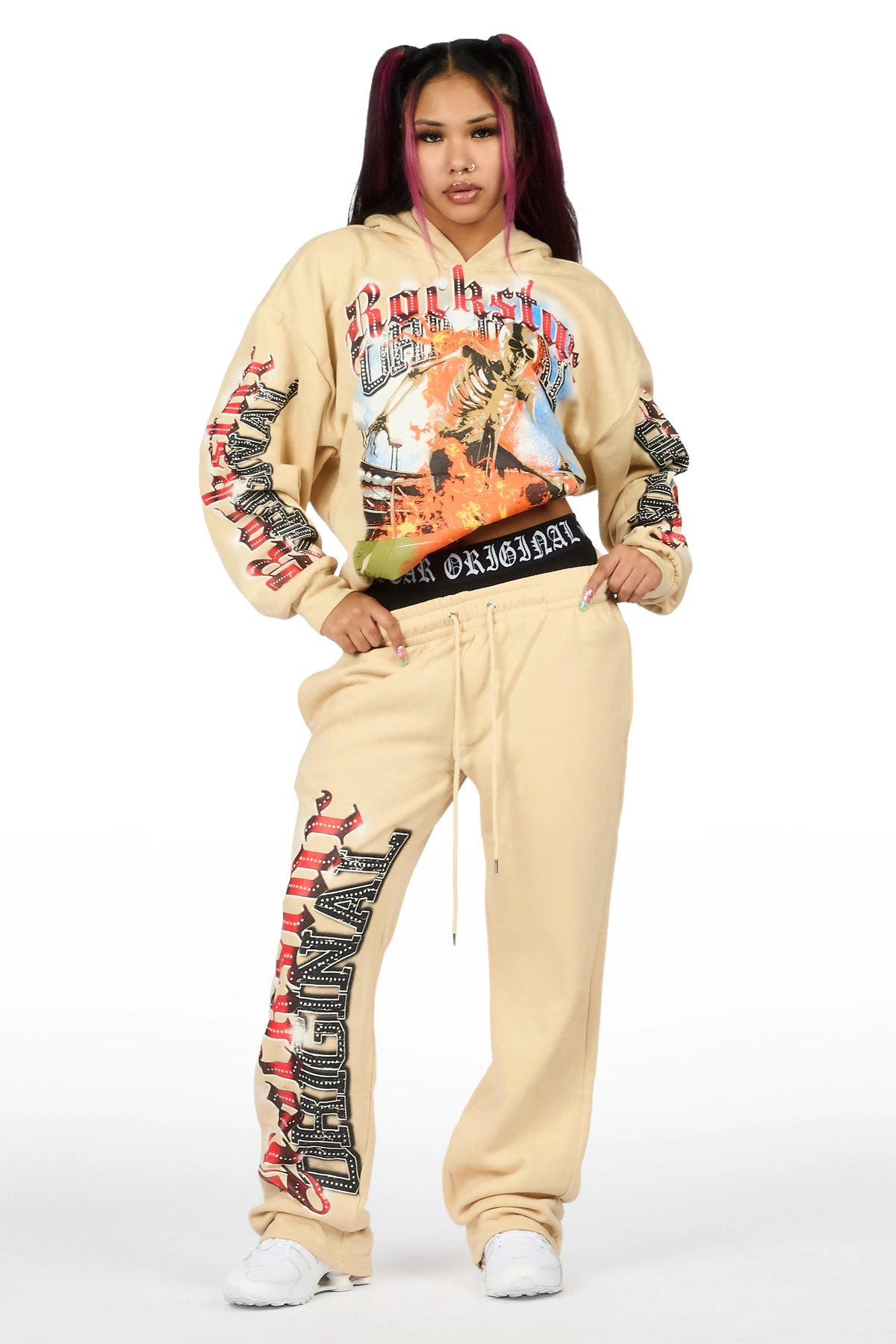 Zarina Beige Graphic Baggy Fit Track Set