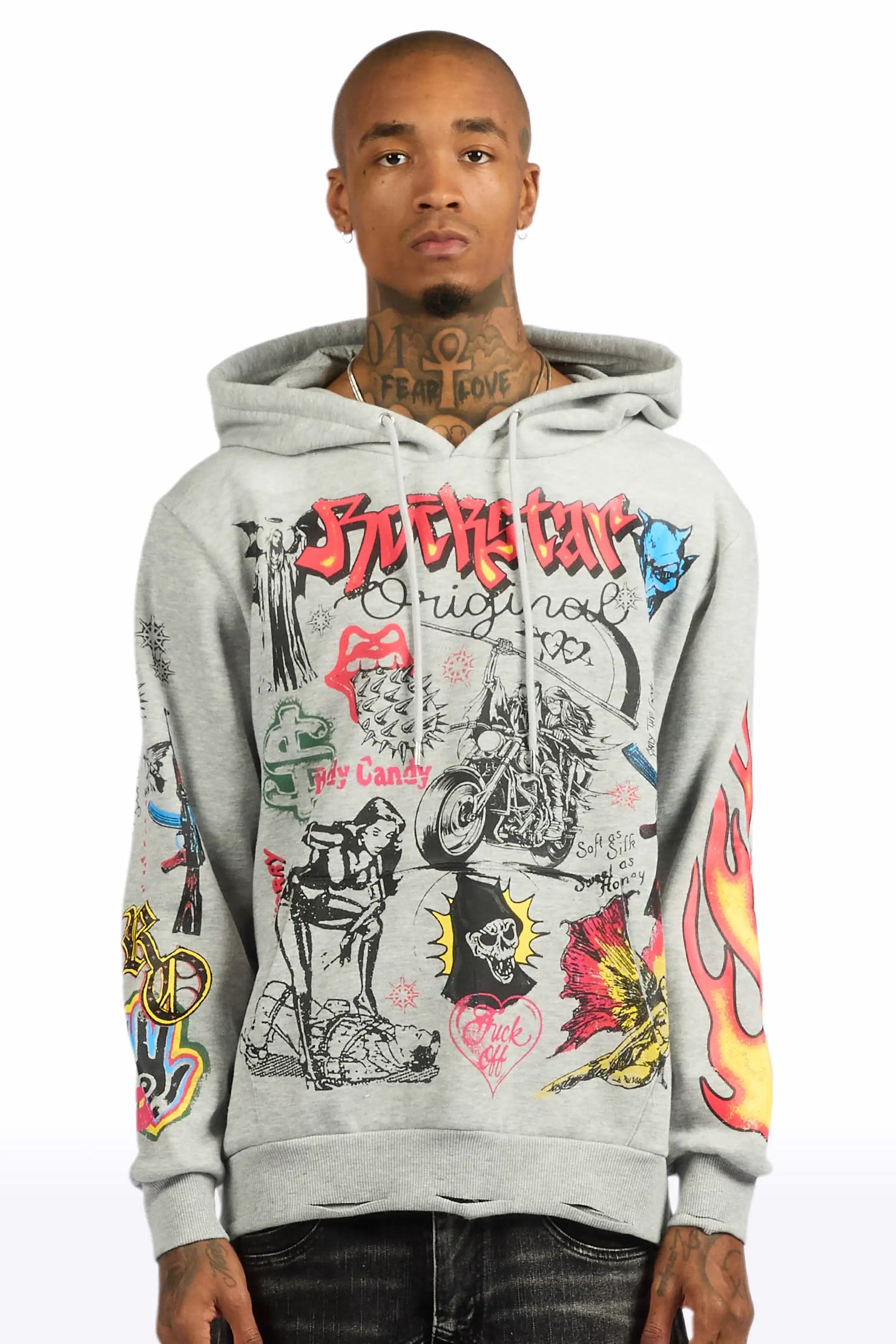 Shootah Heather Grey Distressed Graphic Relaxed Relaxed Hoodie