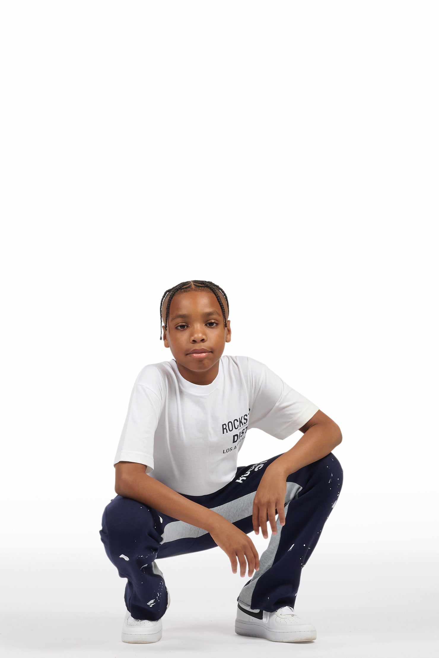 Boys Raffer White/Navy T-Shirt/Baggy Stacked Pant Set