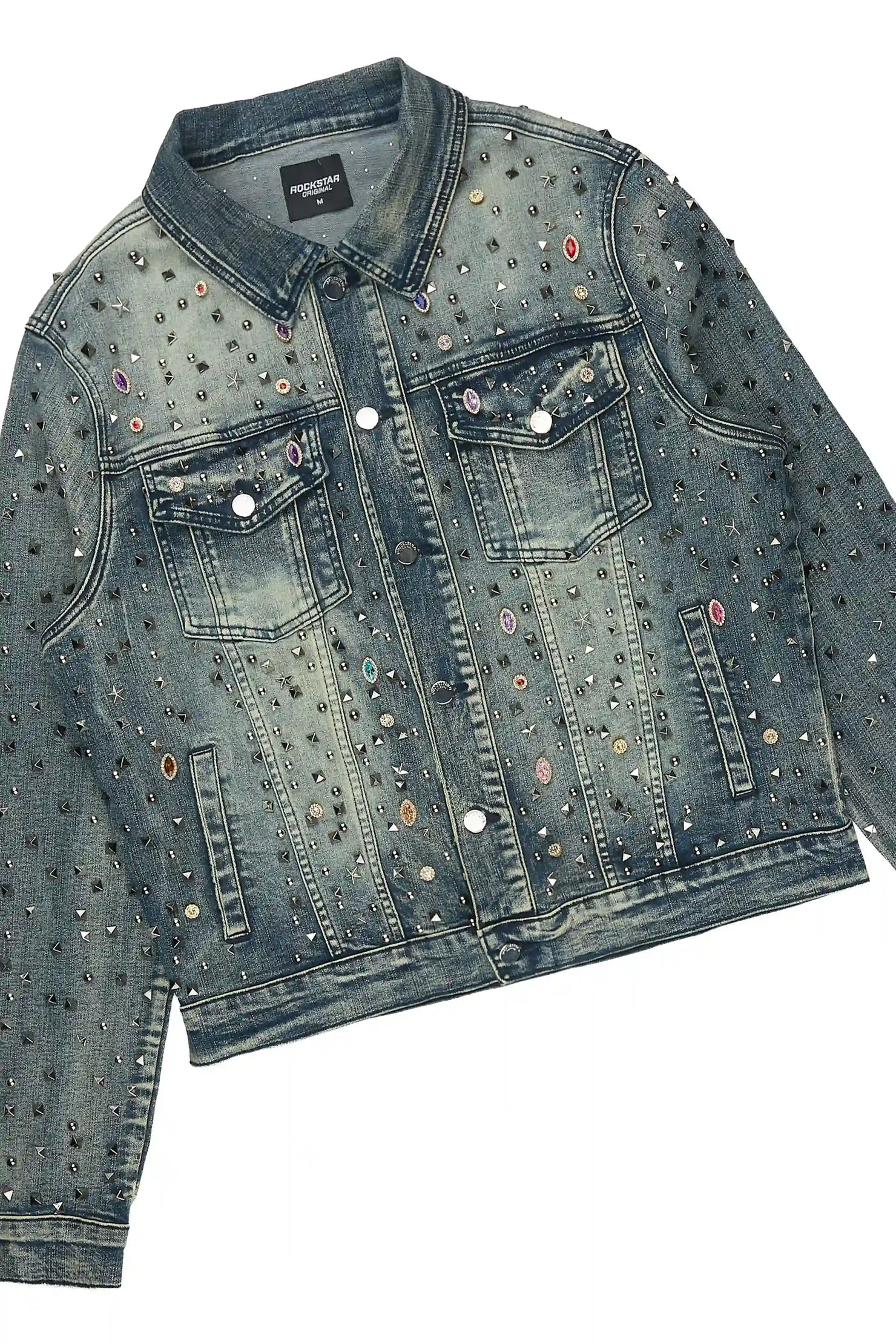 Norris Dark Blue Rhinestone Denim Jacket/Stacked Flare Jean Set