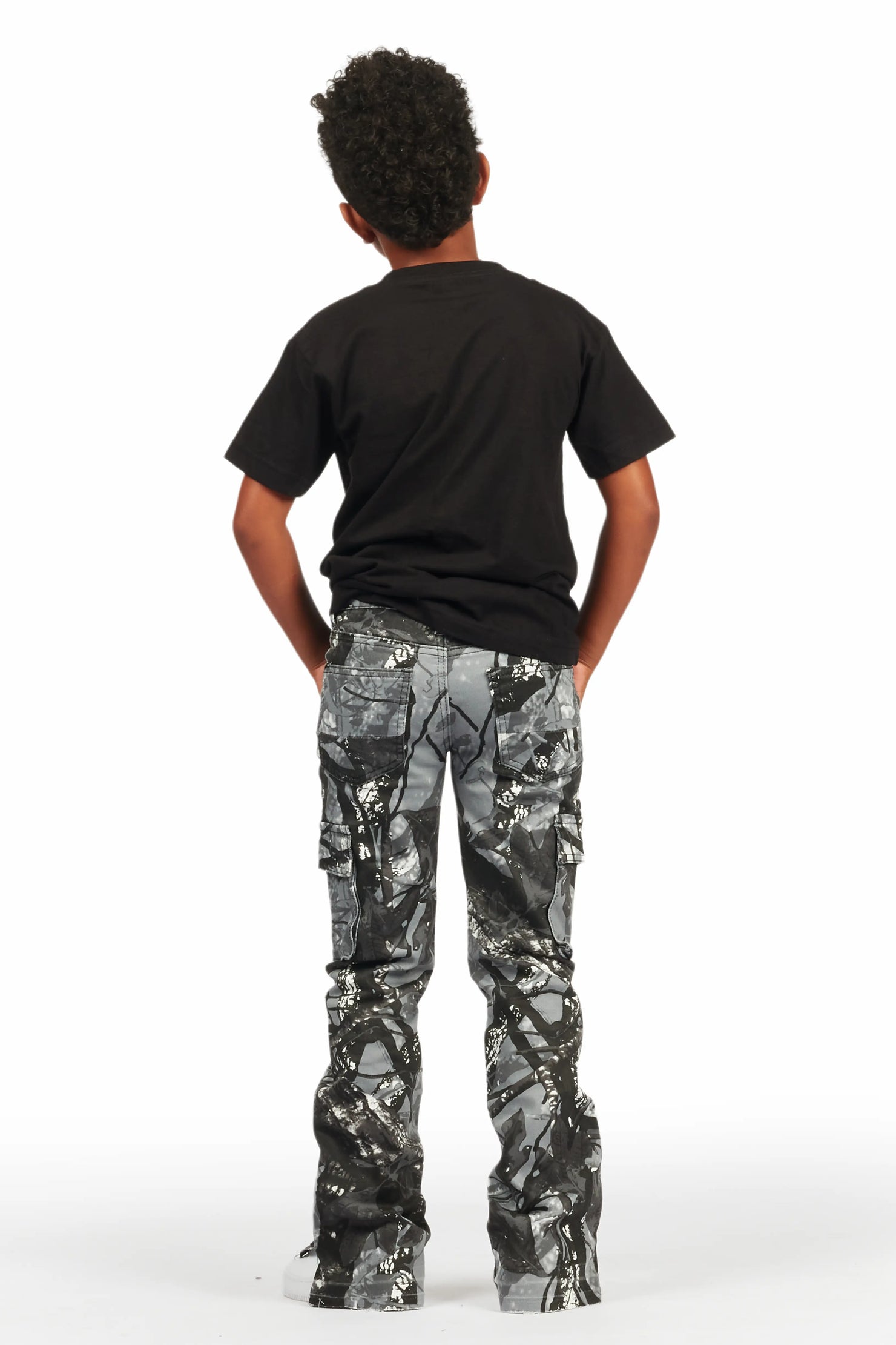 Boys Waage Grey Camo Stacked Flare Cargo Jean