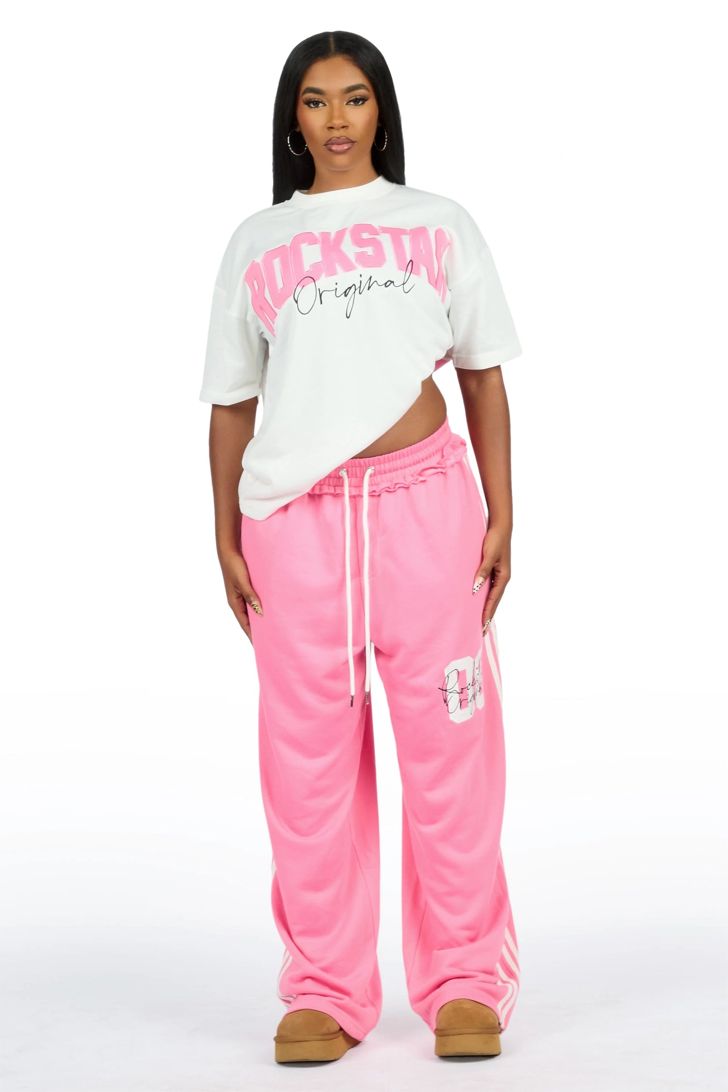 Cheyane White/Pink French Terry Chenille Tee/ French Terry Relaxed Track Set