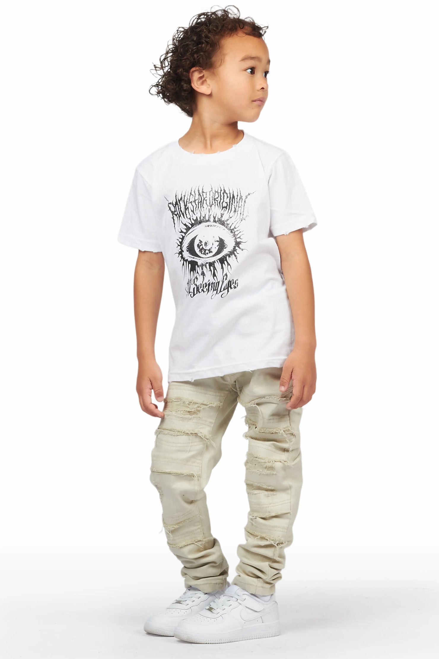 Boys Saar White T-Shirt/Frayed Skinny Stacked Flare Jean Set