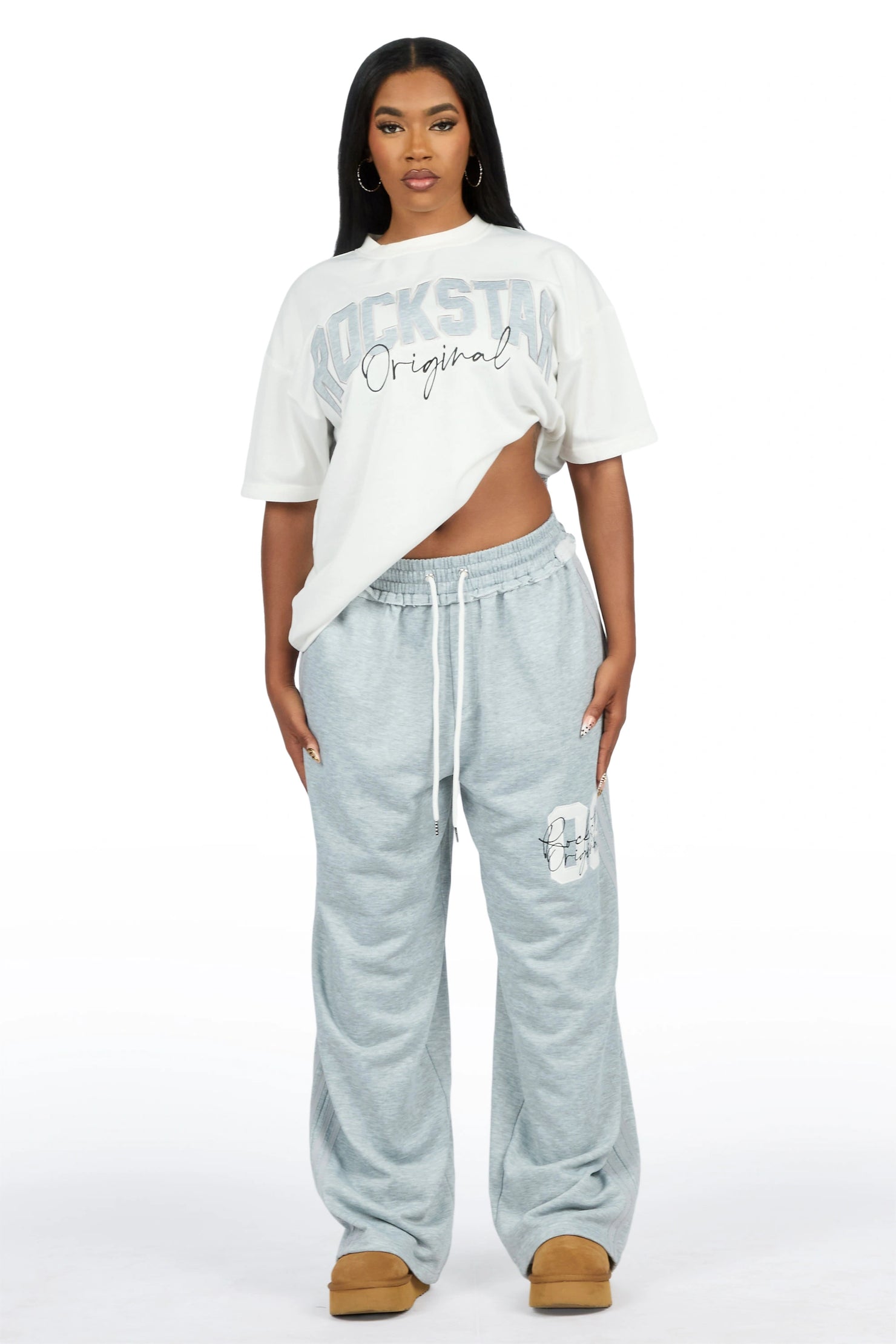 Cheyane White/Grey French Terry Chenille Tee/ French Terry Relaxed Track Set