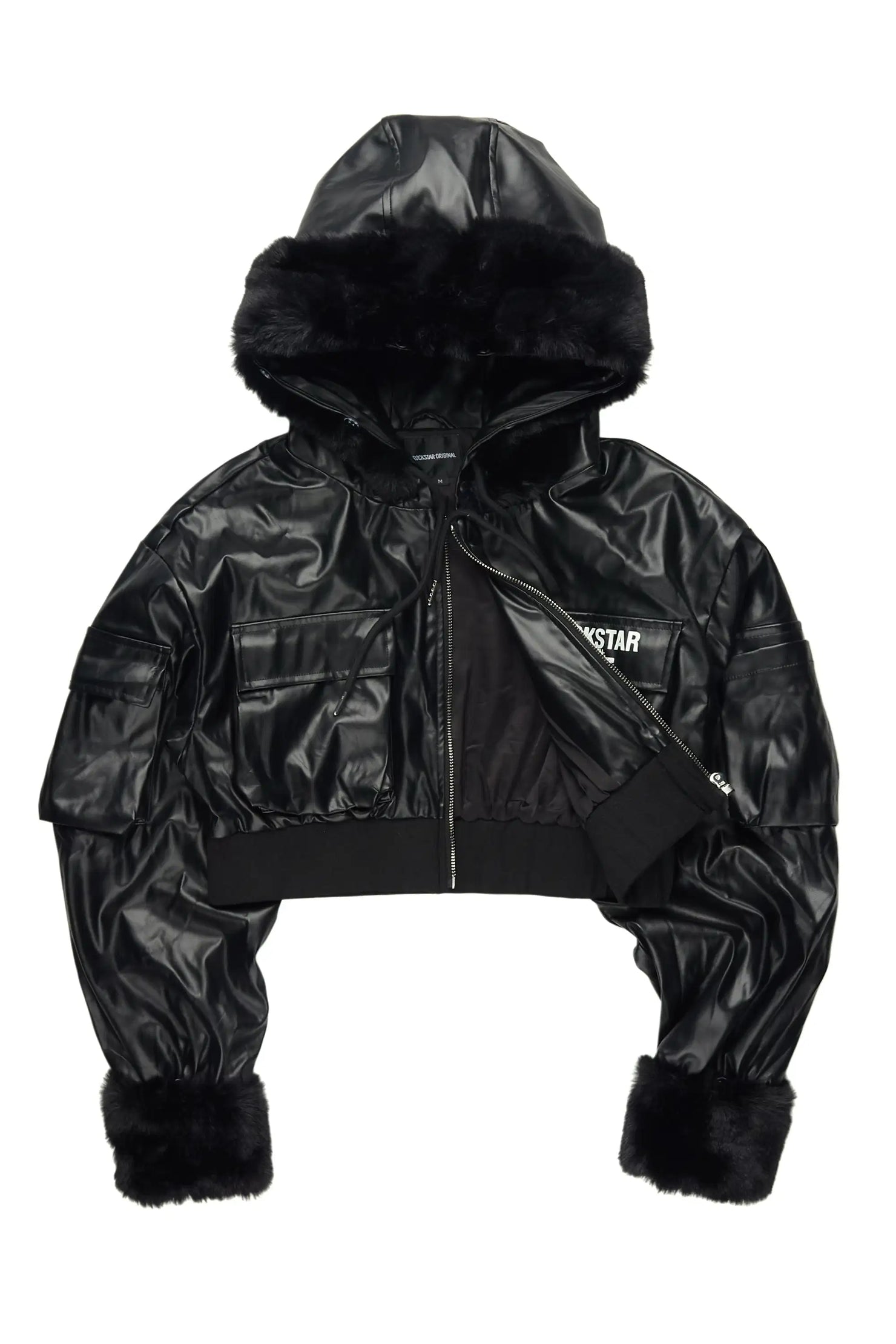 Amyia Black PU Jacket With Fur Hood