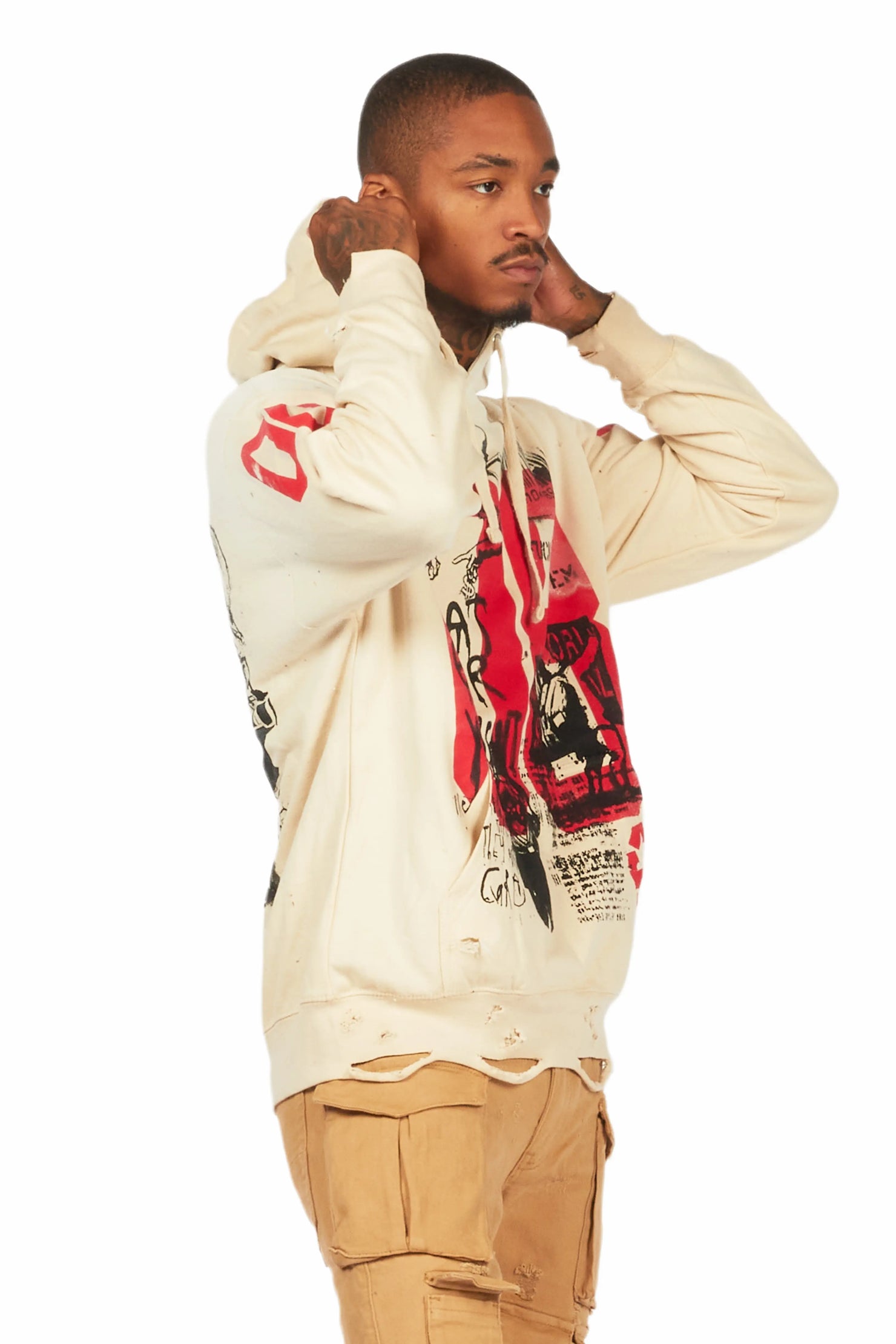 Grill Beige Distressed Graphic Hoodie