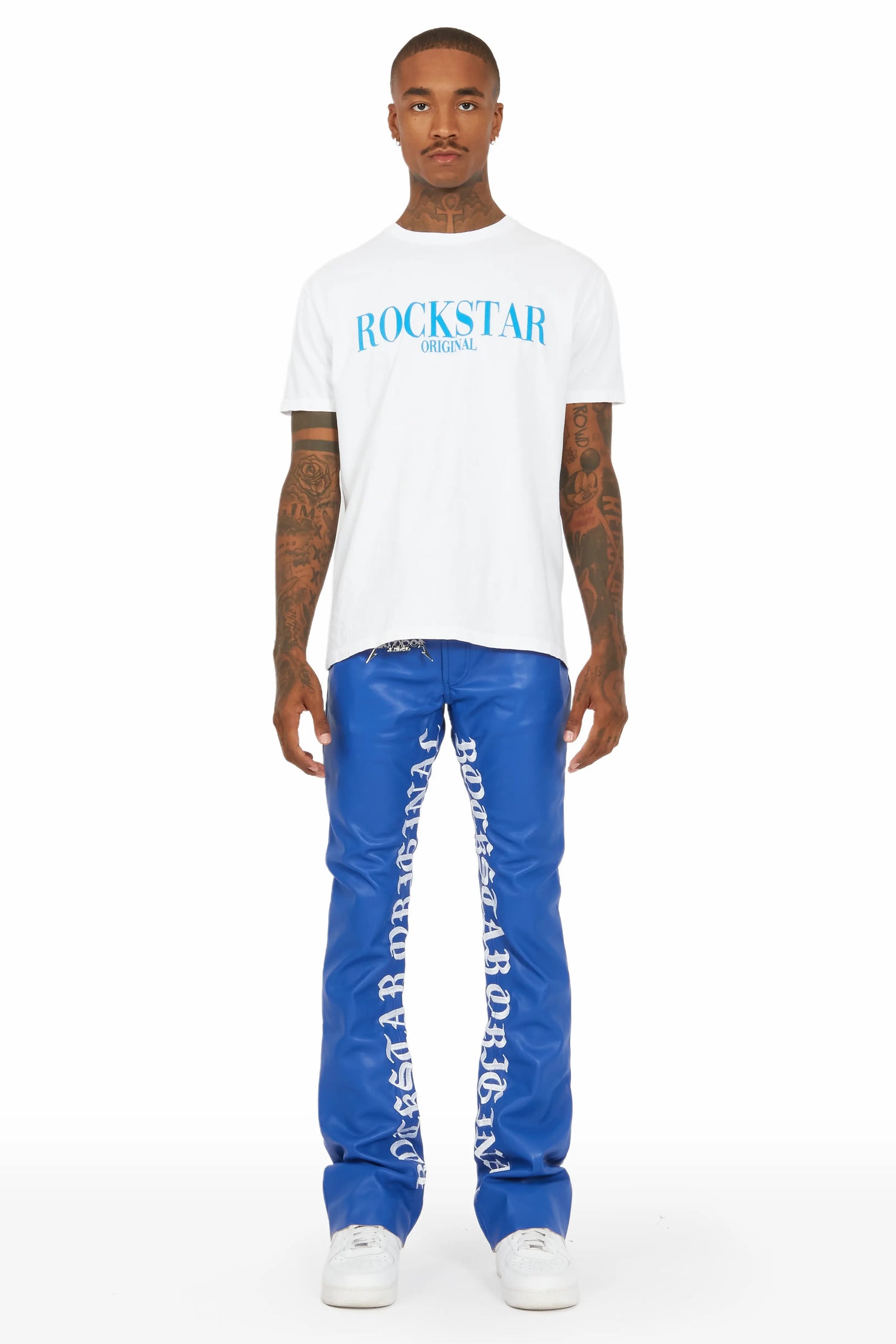 Eliam Blue/White Faux Leather Stacked Flare Jean
