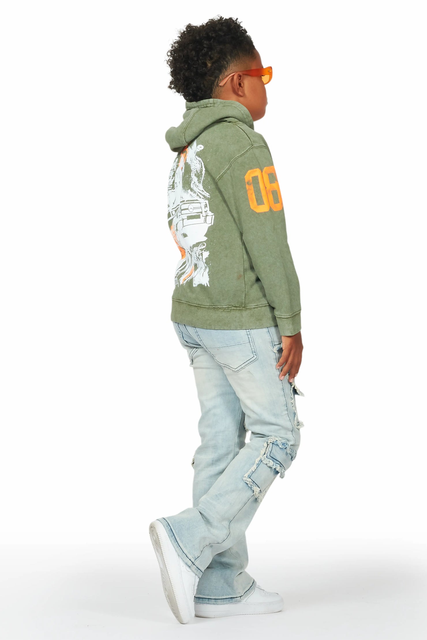 Boys Beau Vintage Green Hoodie/Stacked Flare Jean Set