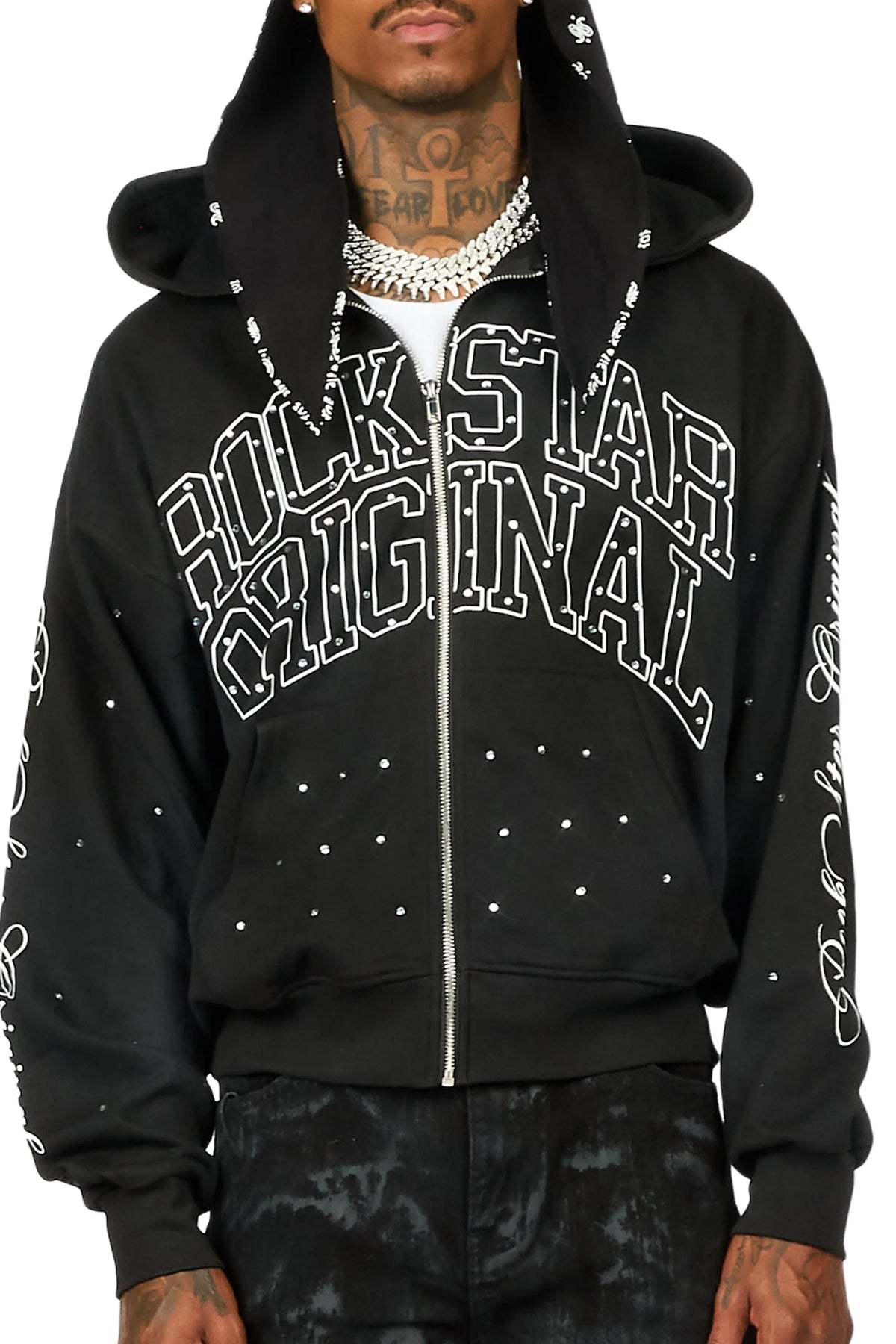 トップス MIDAS Black Stars Rhinestone Fur Hoodie Dripped Black Rhinestone Hoodie– Rockstar Original