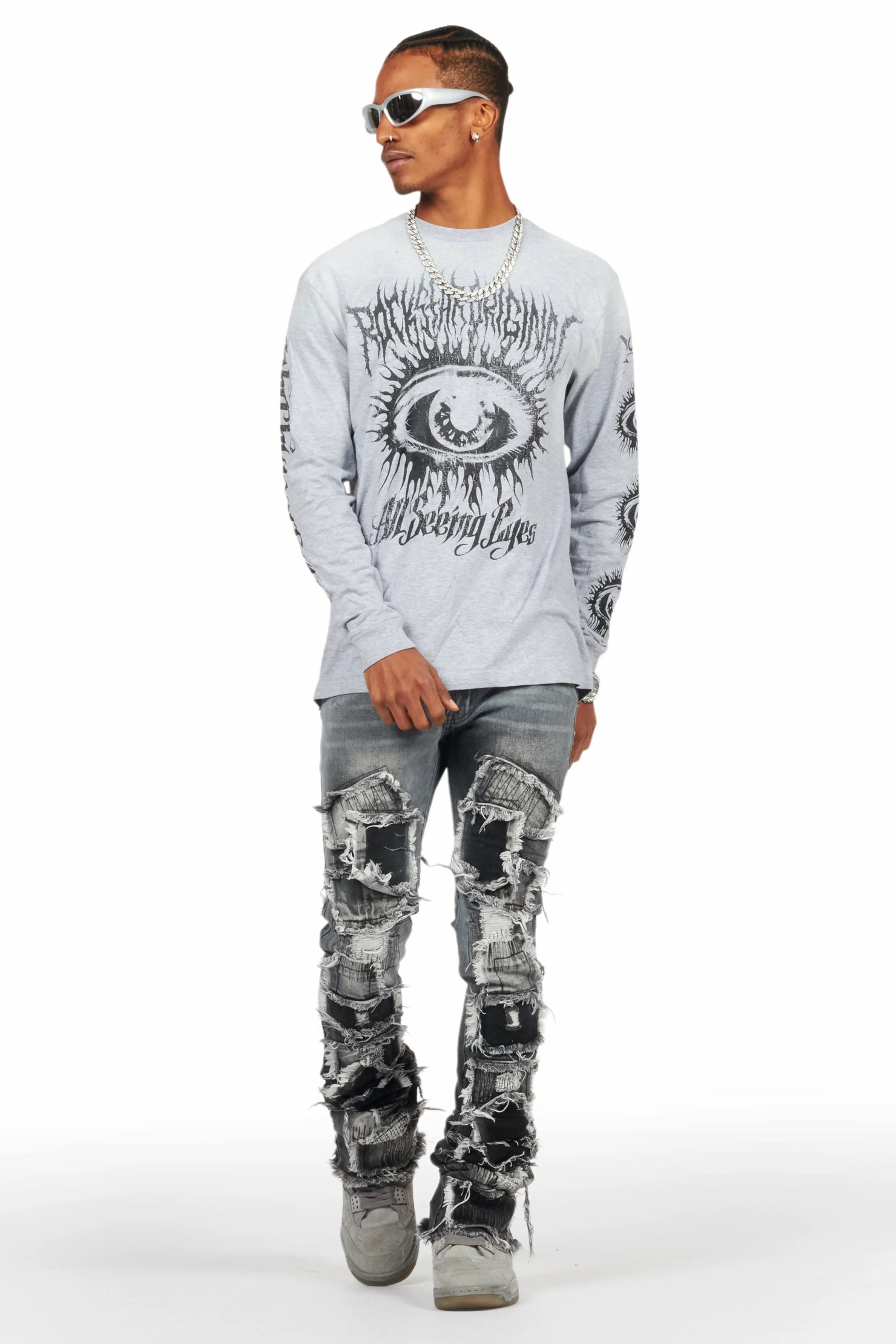All Seeing Eyes Grey Long Sleeve T-Shirt/Super Stacked Flare Jean Bundle