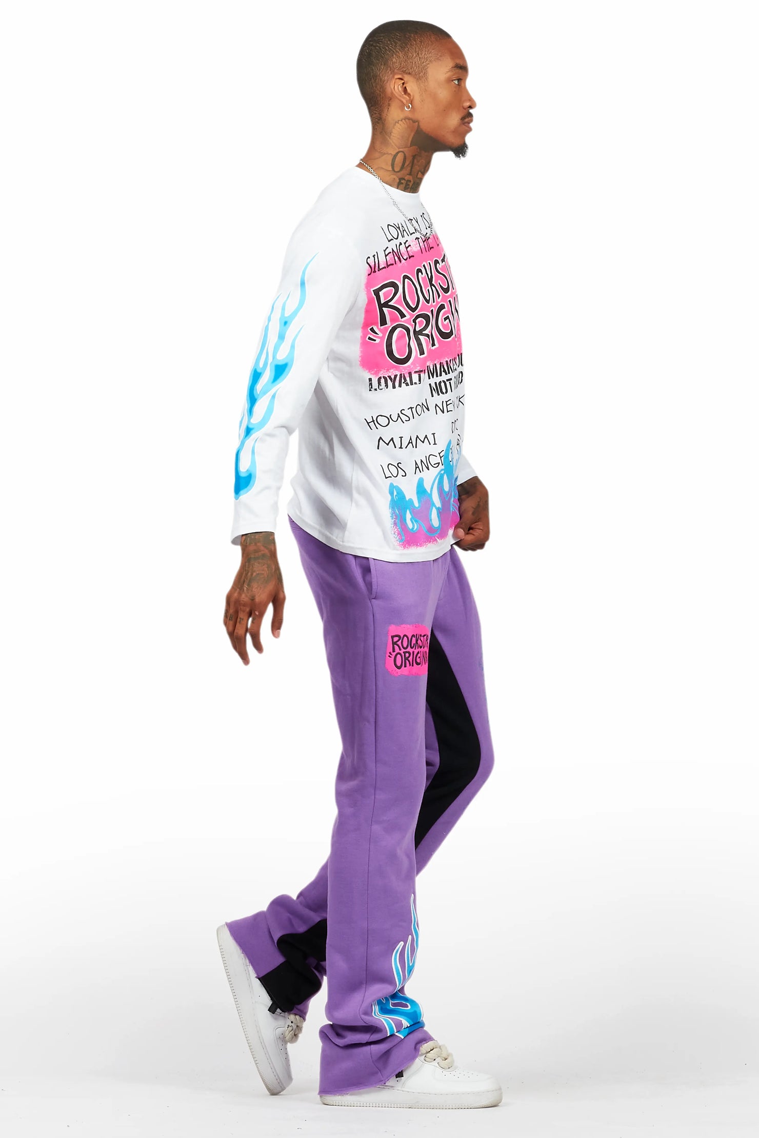 Beno Purple/White Long Sleeve T-Shirt/Baggy Pant Set