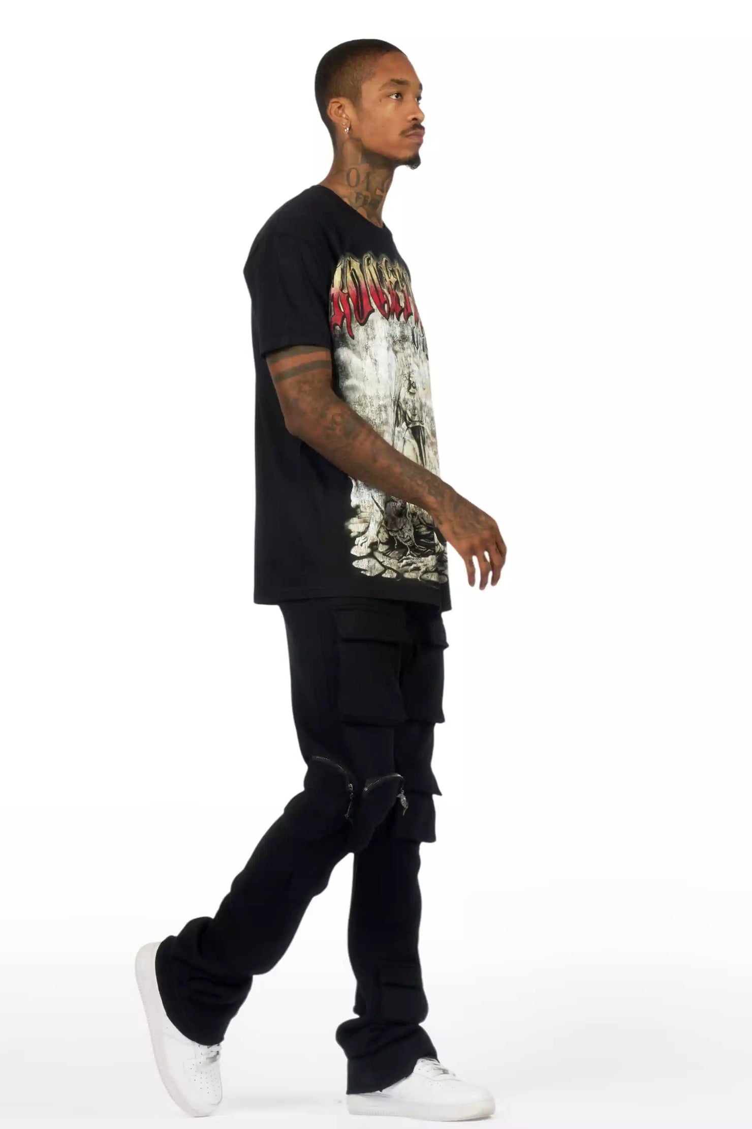 Noriko Black/Black Stacked Flare Track Pant