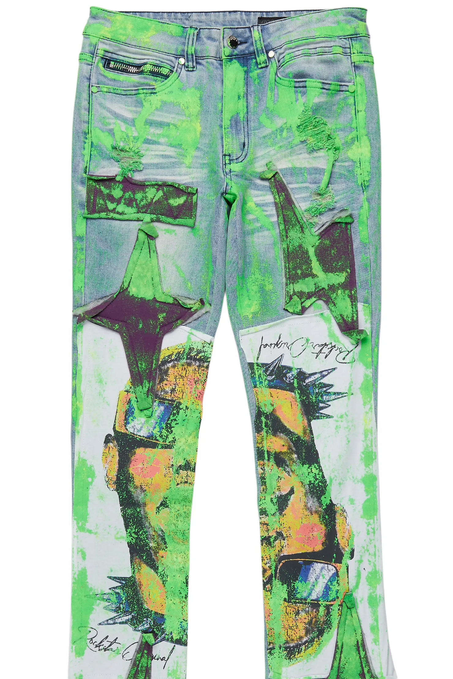 Savier Blue/Green Roller Paint Stacked Flare Jean
