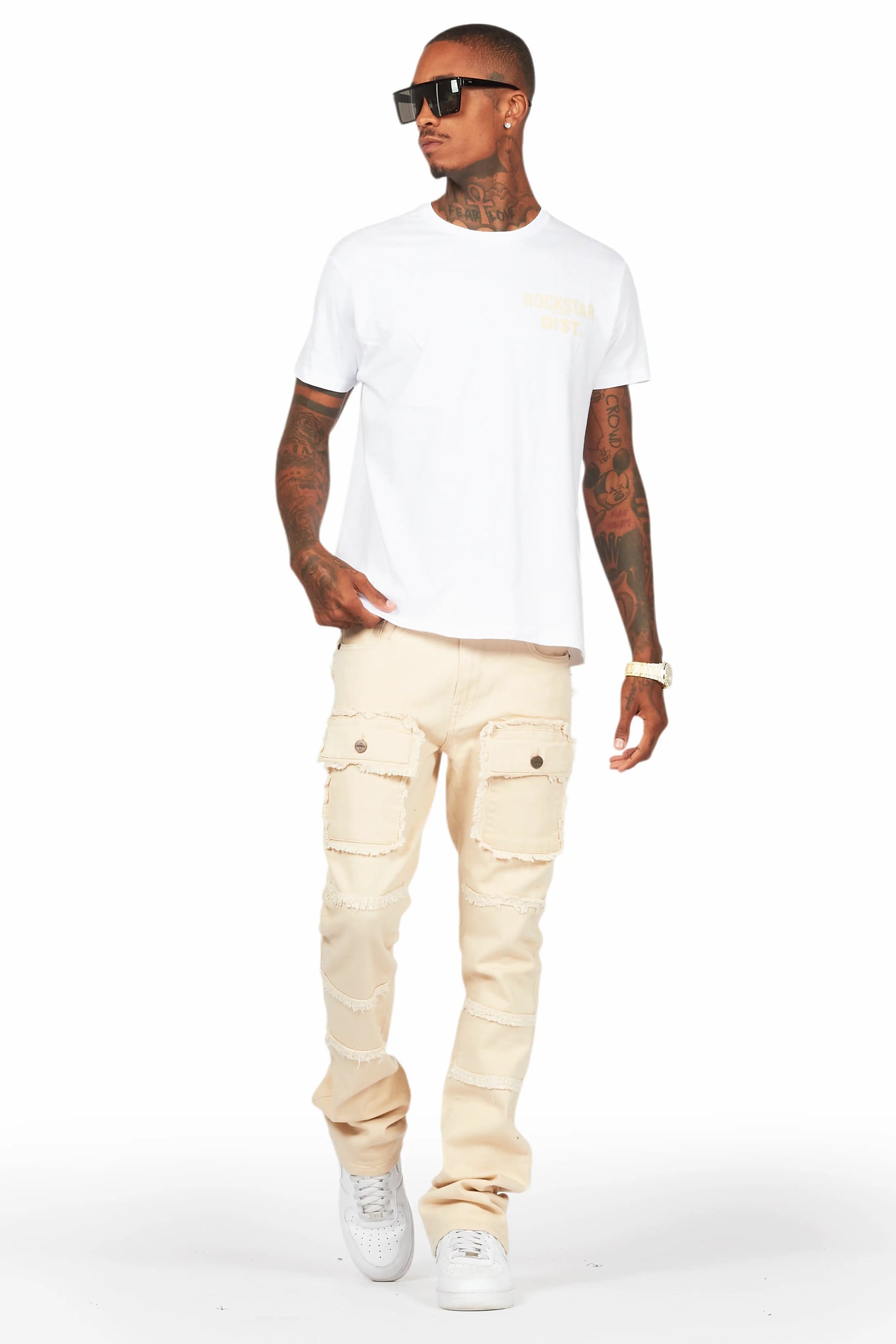Lake White/Beige T-Shirt/Stacked Flare Cargo Jean Bundle