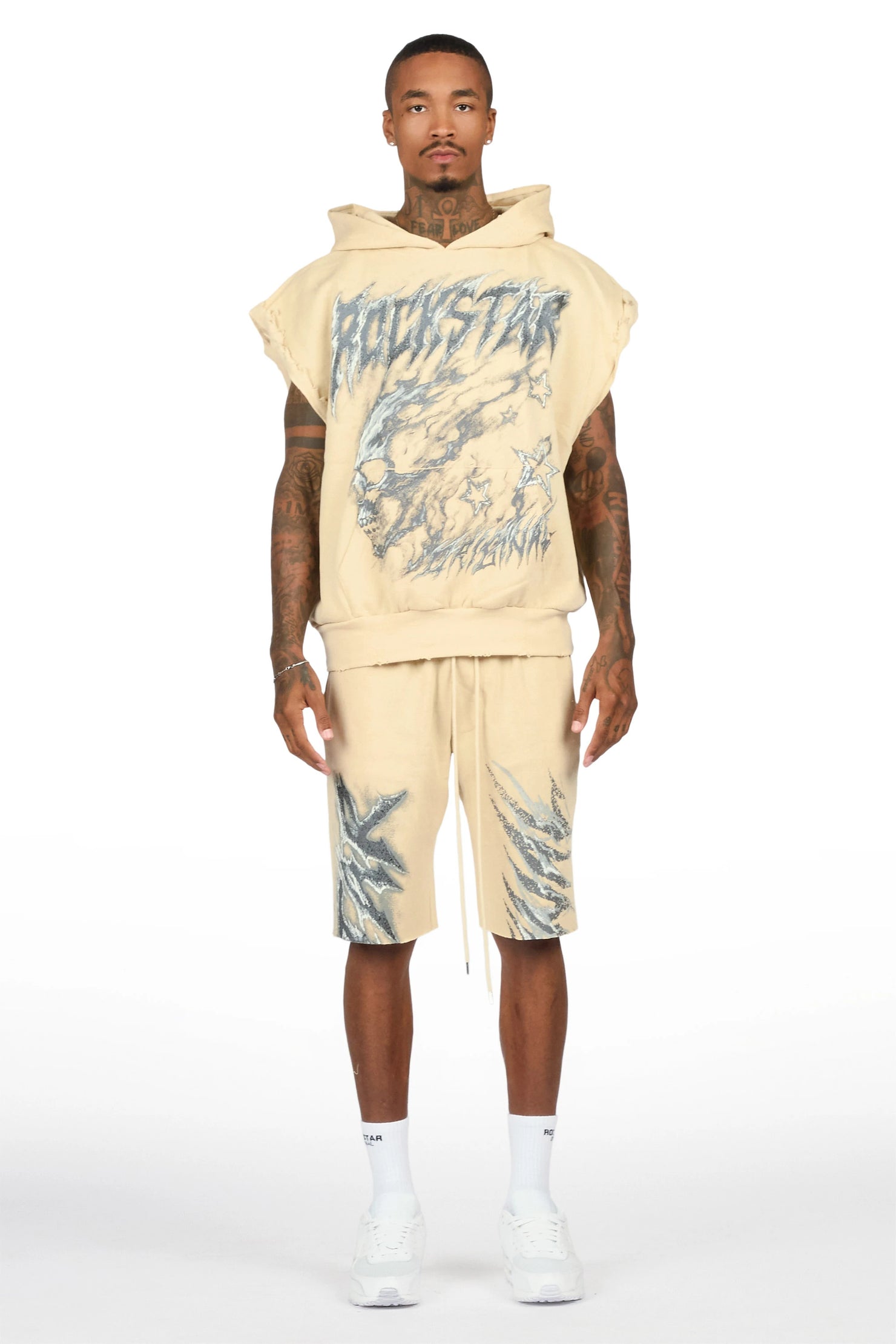 Jantra Beige Cut Sleeve Hoodie Short Set