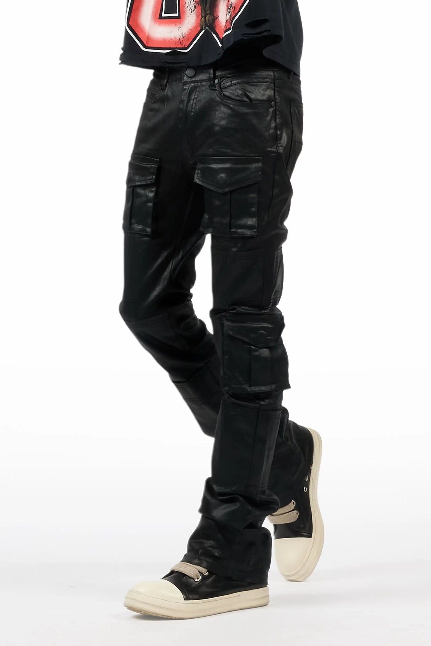 Folant Black Stacked Flare Coated Pant