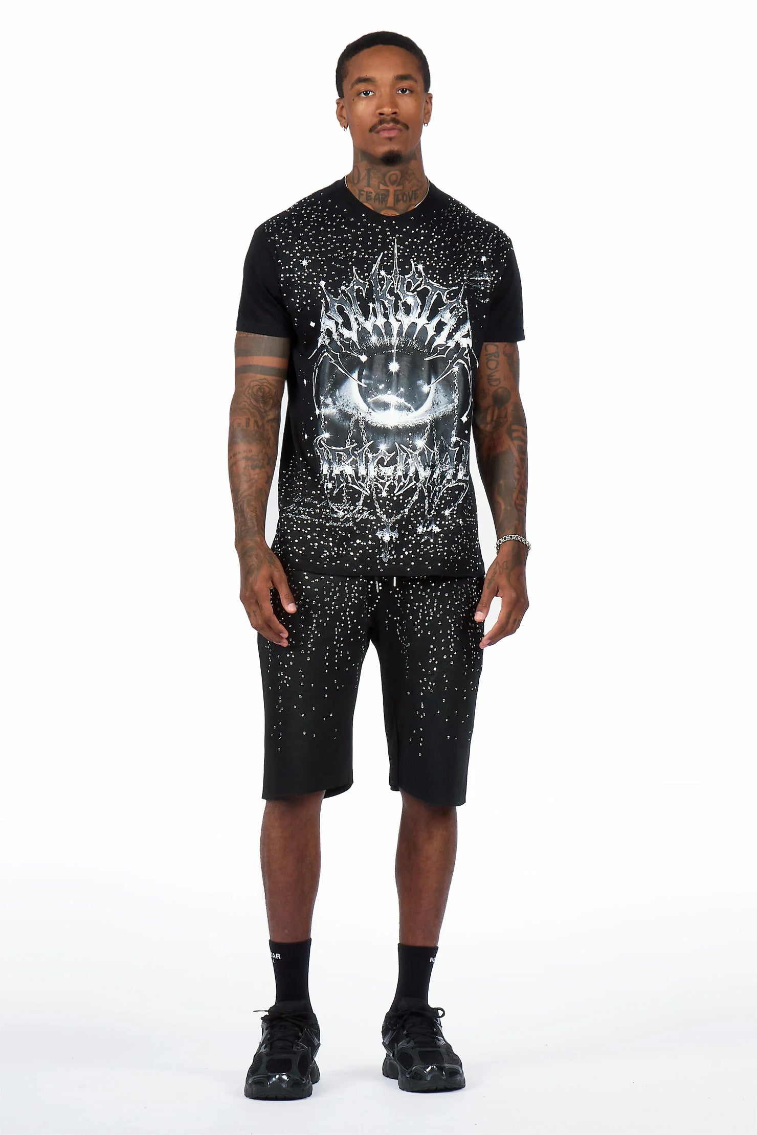 Malykz Black/Black Rhinestone T-Shirt/Short Set
