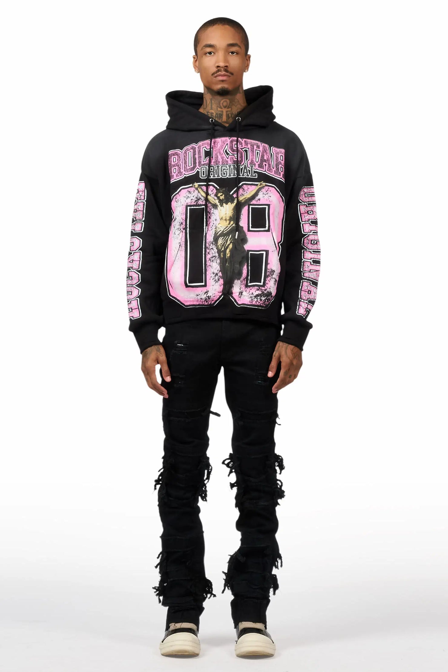 Fields Black Relaxed Hoodie & Vasco Jet Black Stacked Flare Jean Set