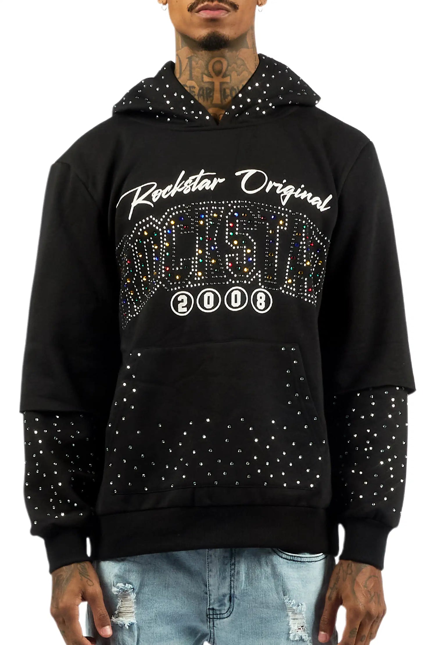 Gabino Black Rhinestone Boxy Crop Hoodie