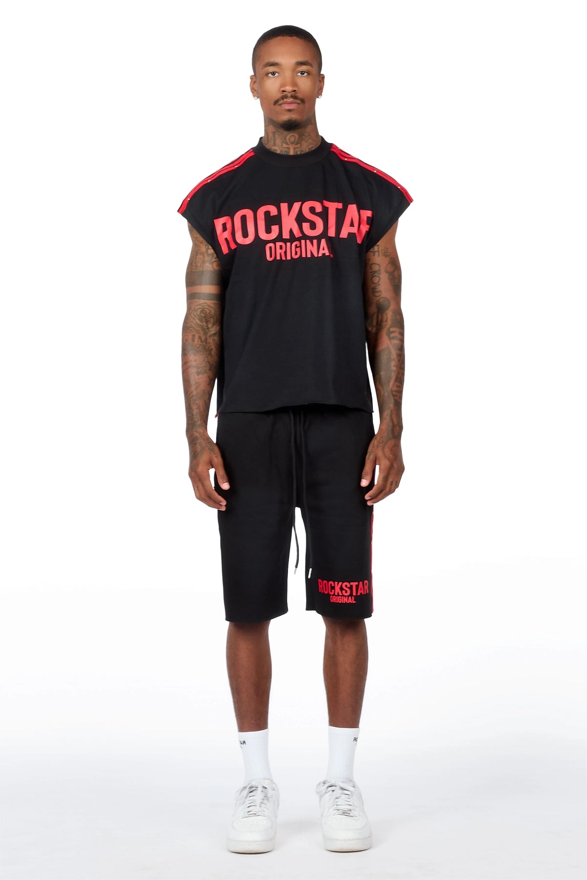 Gulis Black/Red Rhinestone Cut Sleeve T-Shirt Short Set